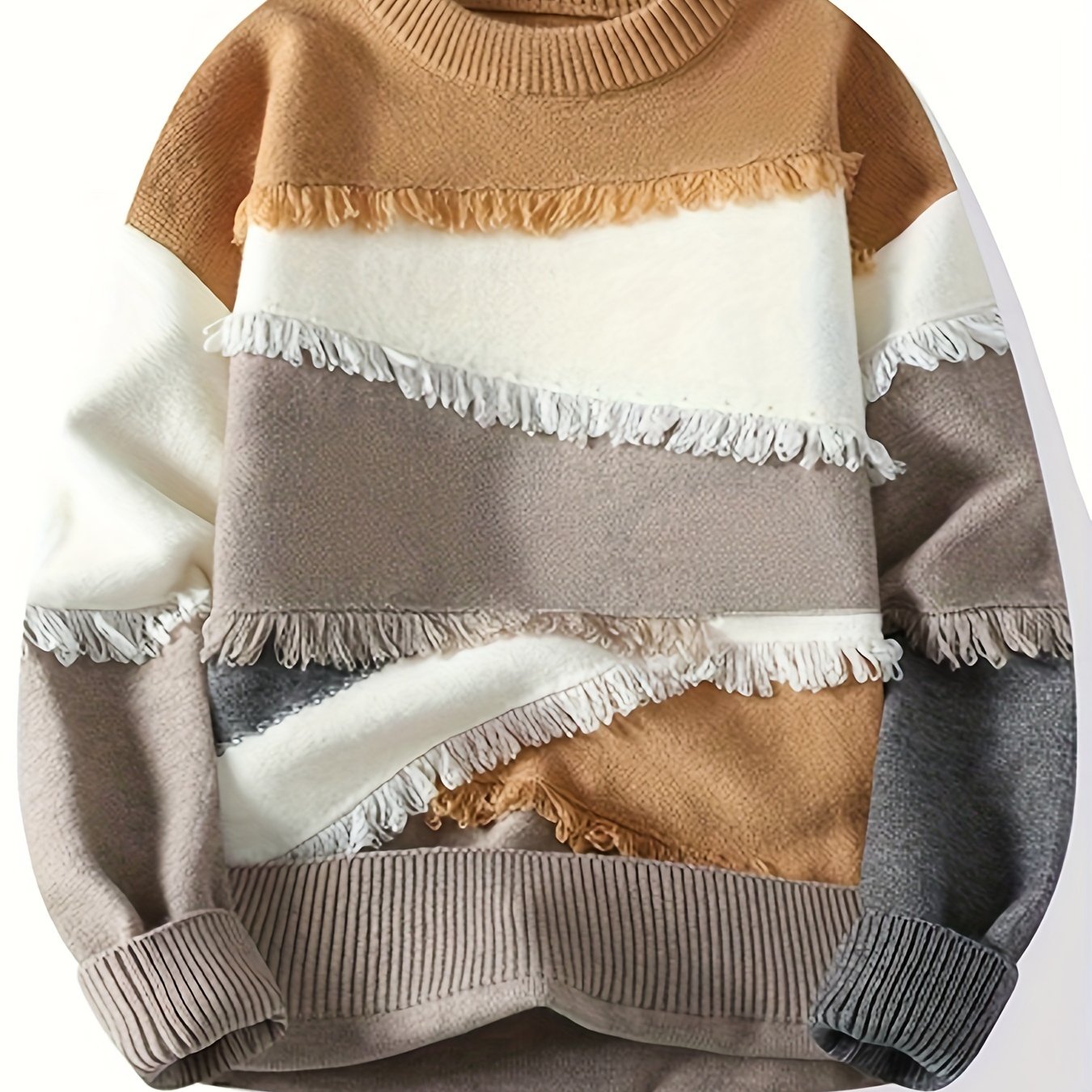 Pullover tricoté effiloché à blocs de couleurs pour hommes, pull décontracté à col rond à manches longues et haute élasticité pour l'automne et l'hiver