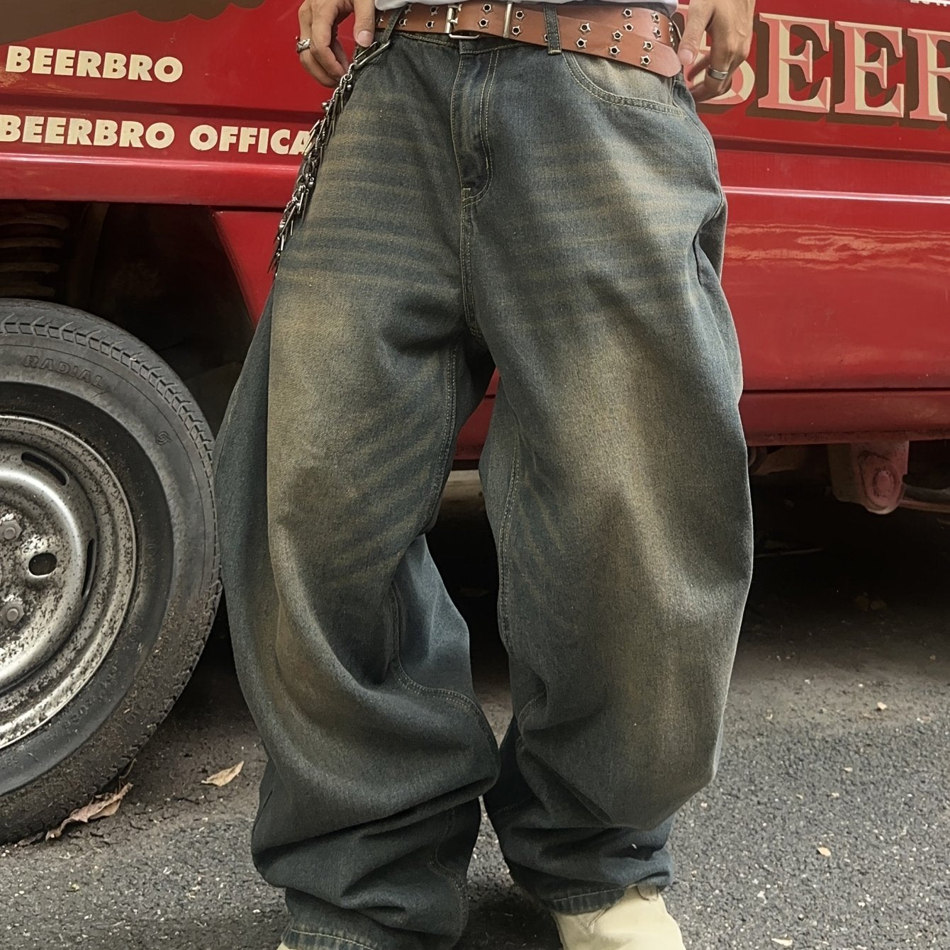 Men's American Casual Loose-Fit Wide-Leg Jeans - Non-Stretch Denim, Beltless & No Hangings, Machine Washable, All-Season Comfort, Solid Color with Functional Pockets