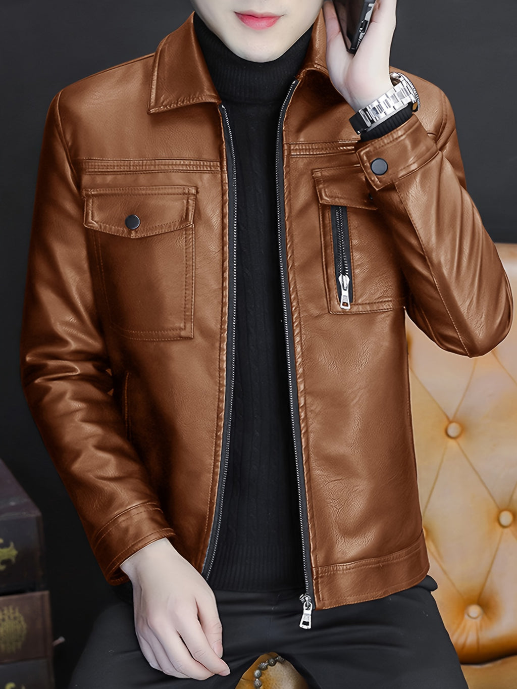 Men'S Casual Jacket, Solid Color, Long Sleeve, Regular Fit, Zipper Closure, Polyester Lining, 91% Polyester, 9% Viscose, 100%, Lapel Collar, Woven Fabric, Daily Wear, Thick