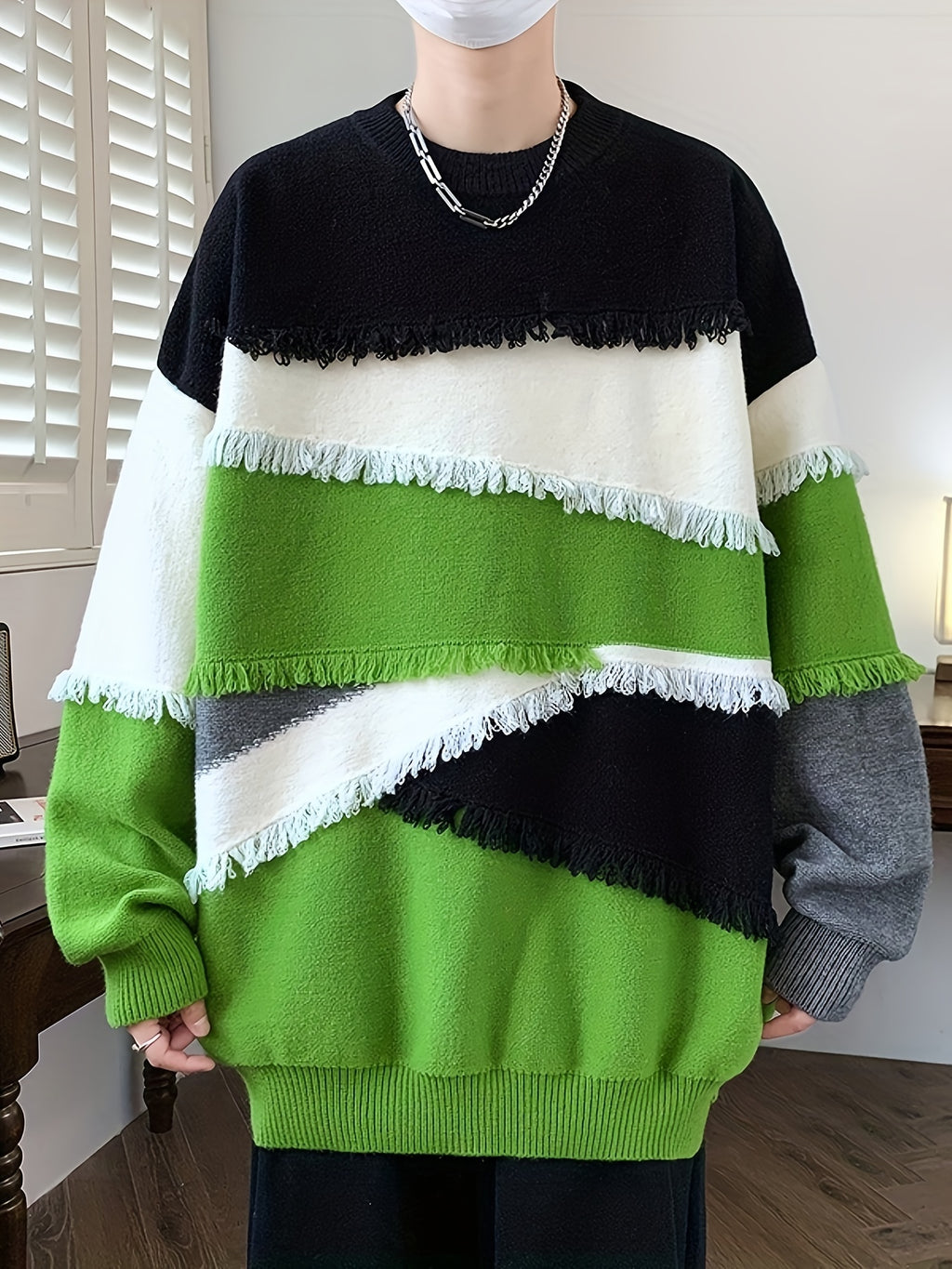 Pullover tricoté effiloché à blocs de couleurs pour hommes, pull décontracté à col rond à manches longues et haute élasticité pour l'automne et l'hiver