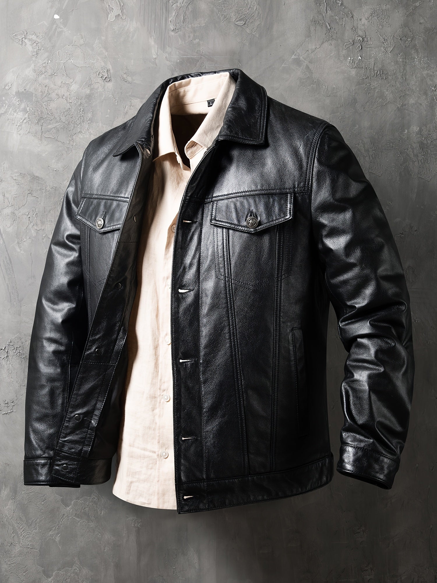 Men's Slim-Fit Jacket - Stylish Short Moto Coat with Pockets, Button-Up Front, Long Sleeves, and Glossy Finish for Casual or Streetwear, Motorcycle Jacket