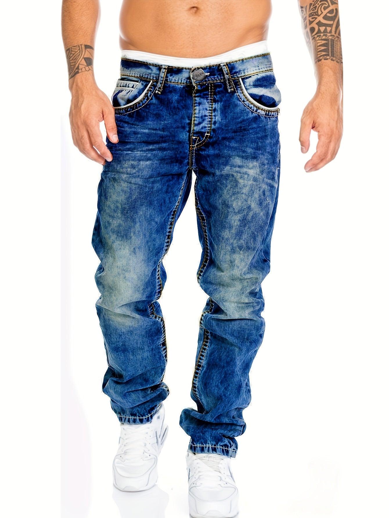 Men's Slim-Fit Straight-Leg Distressed American Snowflake Jeans - Streetwear Style Blue Denim Pants with Vintage Wash, All-Season Casual Wear, Everyday Fashion | Durable Fabric