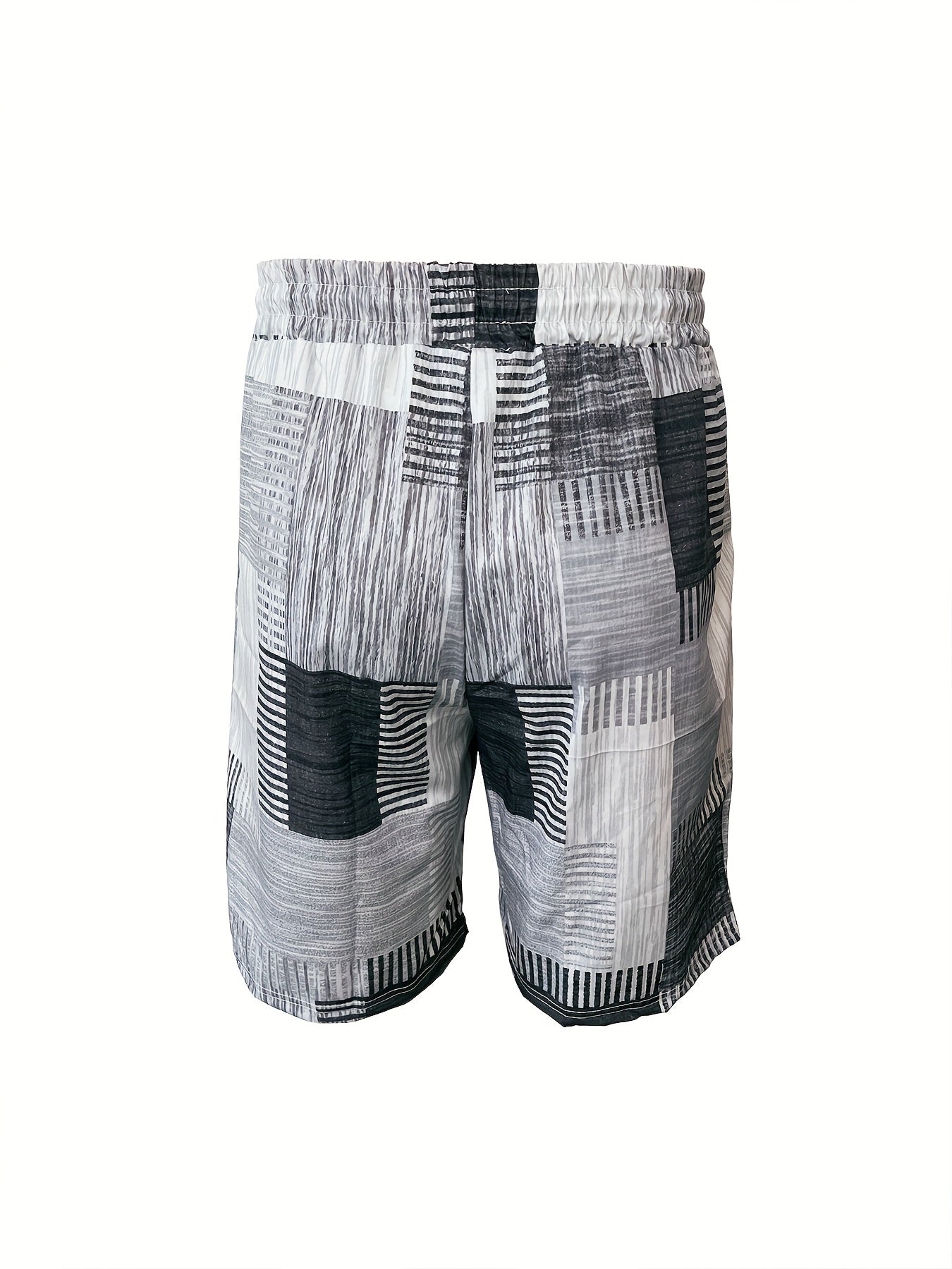 Men'S Geometric-Patterned Casual Beach Shorts, 100% Polyester, Slight Stretch, Drawstring, Regular Fit, Woven Fabric, 120g\u002Fm² - European and American Style Summer Fashion
