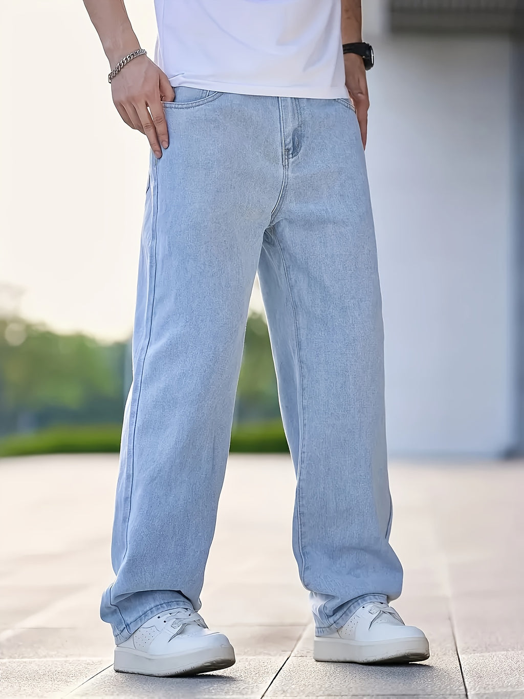 Men's Loose Fit Hip Hop Jeans - Casual Street Style Denim with Elastic Waistband, Light Blue Smooth Skateboard Pants for All Seasons, Comfortable and Stylish for Casual Attire, Allseasons Apparel | Nonstretch Fabric