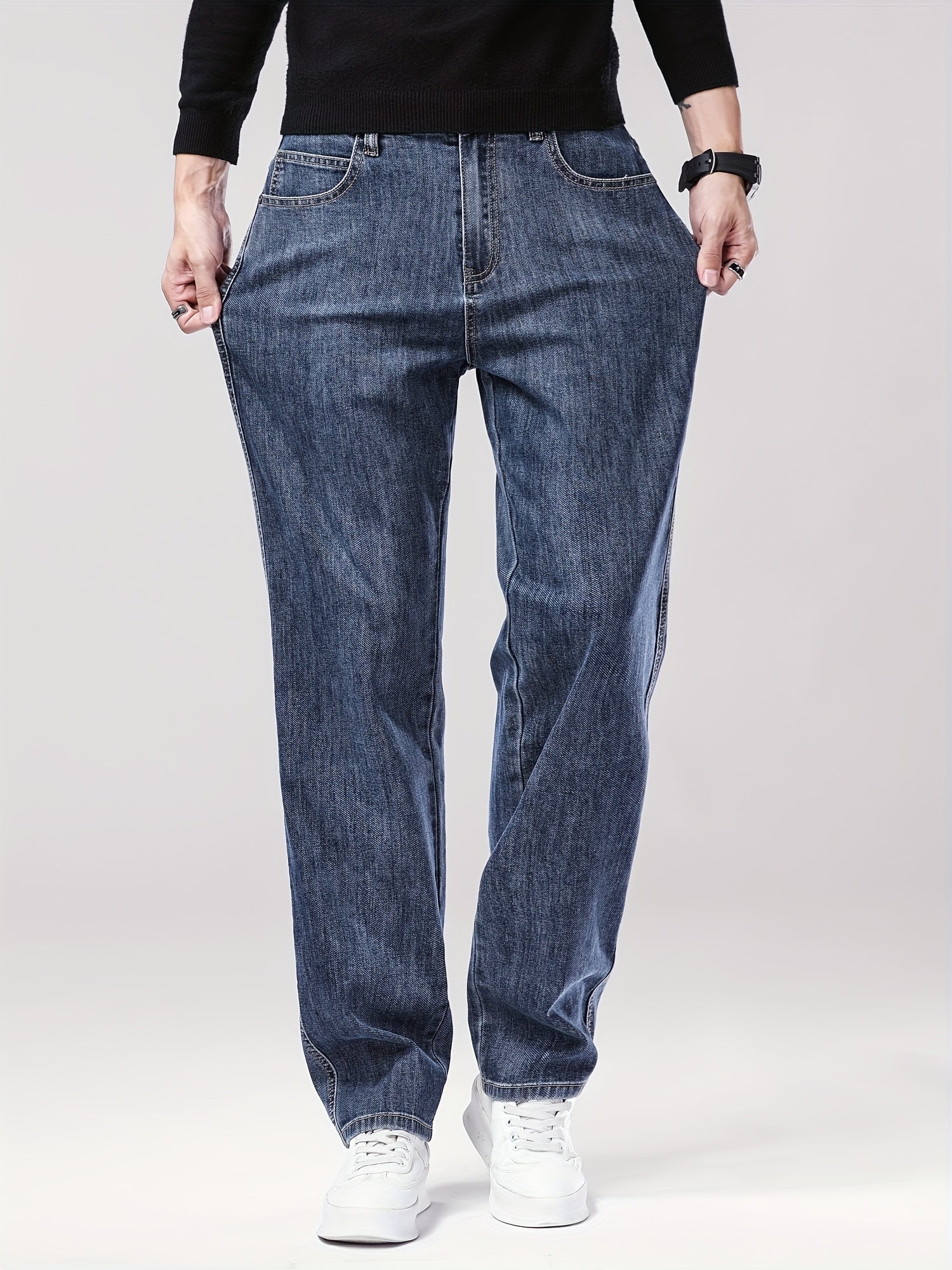 Men'S Classic Straight-Leg Jeans - Stretch Denim, Loose Fit, Breathable & Durable, Black with Brown & White Denim Pants for Casual or Business Wear