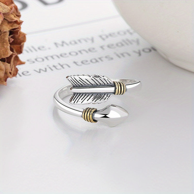 XKV Brand 925 Sterling Silvery Vintage Arrow Feather Design Open Ring, Street Style Fashion Elegant Adjustable Band, Unique Antique Finish, Gift for Girlfriend, Approx 3g