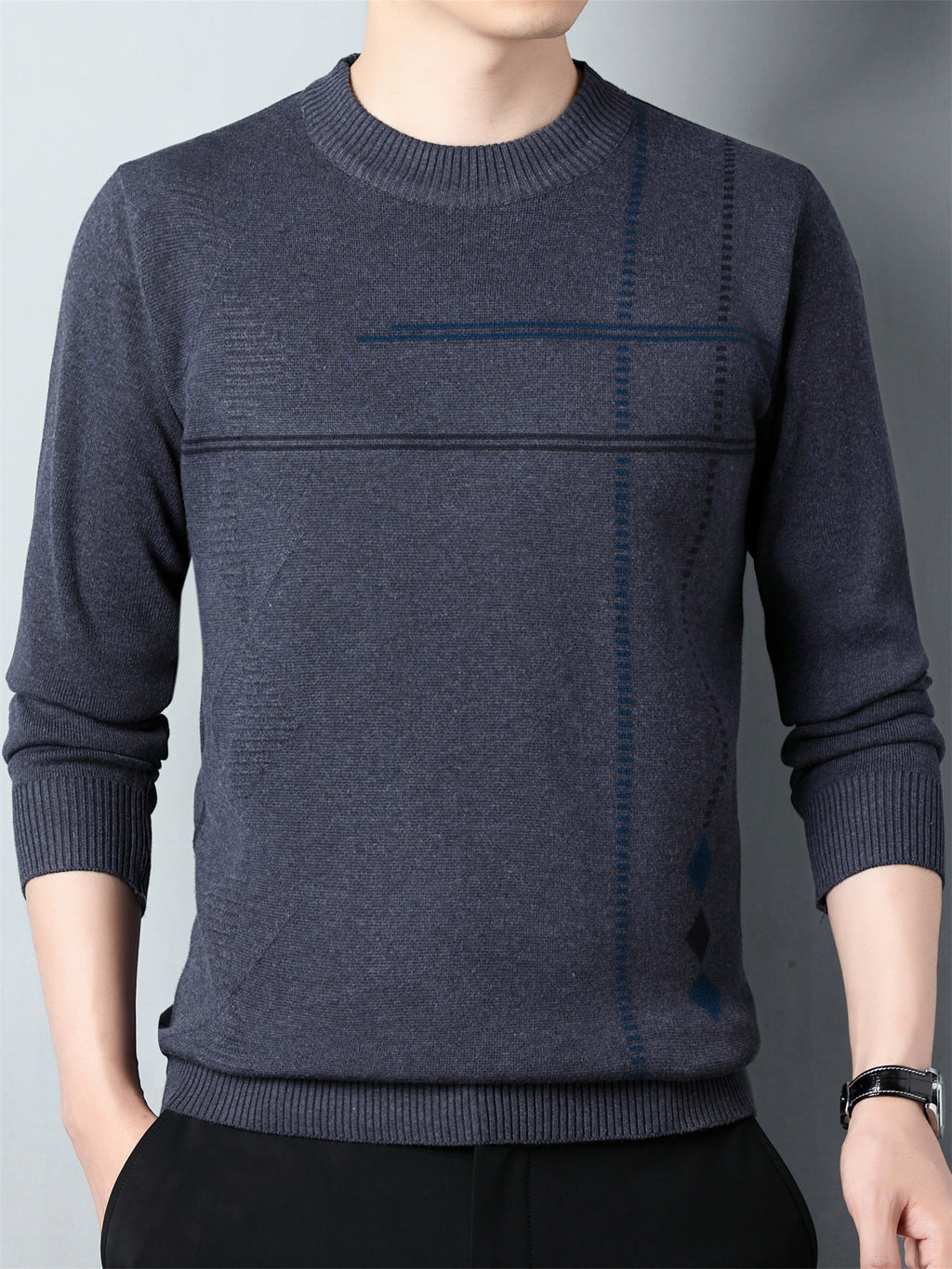 Pull en maille décontracté pour homme col rond 2024 - Taille régulière en polyester avec légère élasticité, motif géométrique pour printemps\u002Fautomne