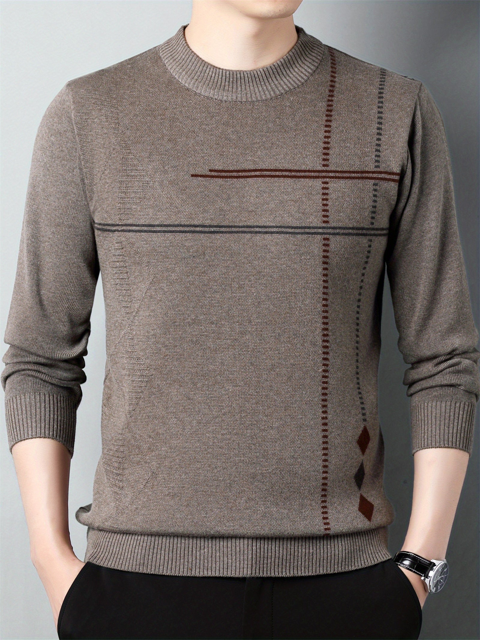 Pull en maille décontracté pour homme col rond 2024 - Taille régulière en polyester avec légère élasticité, motif géométrique pour printemps\u002Fautomne