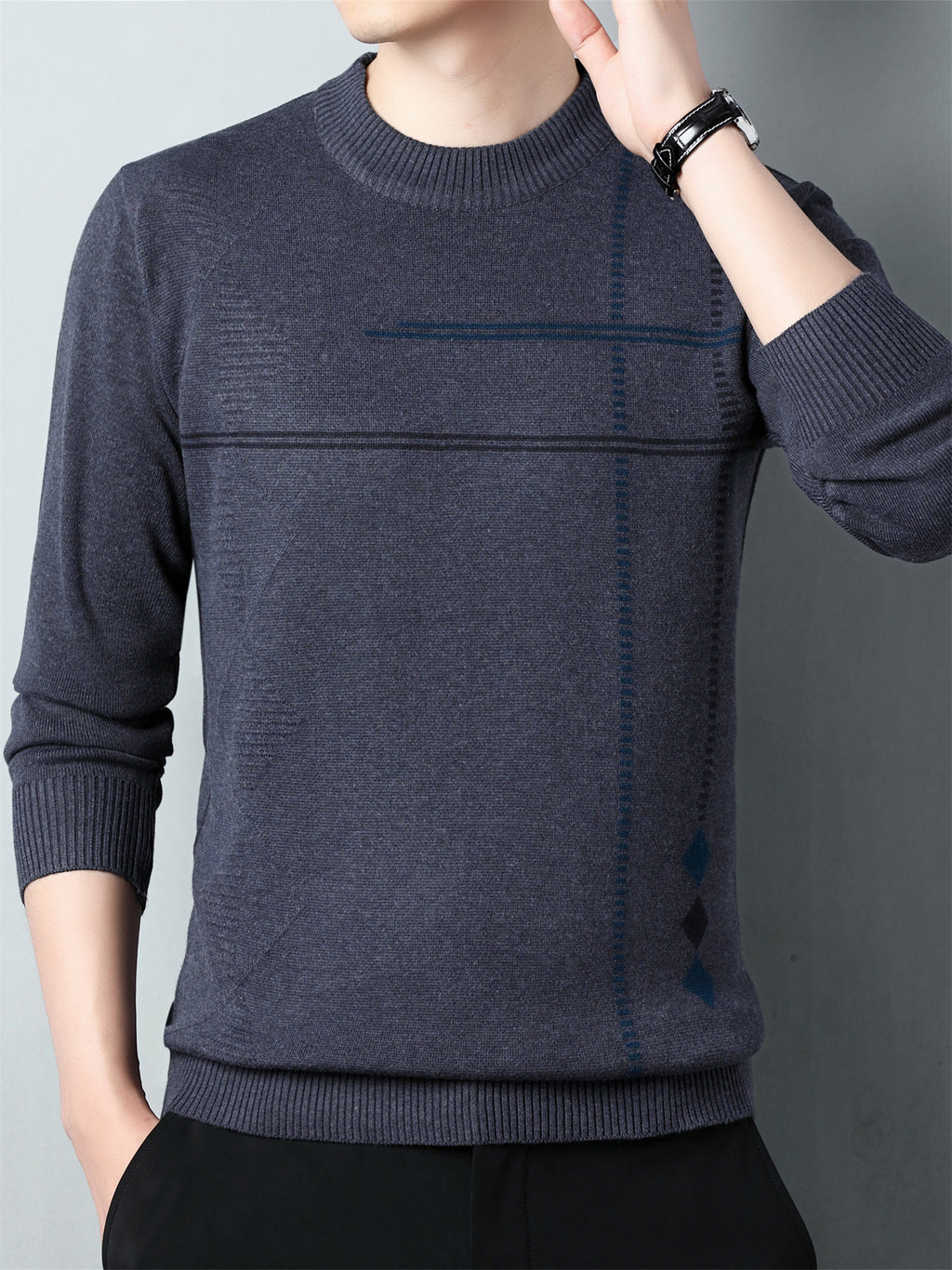 Pull en maille décontracté pour homme col rond 2024 - Taille régulière en polyester avec légère élasticité, motif géométrique pour printemps\u002Fautomne