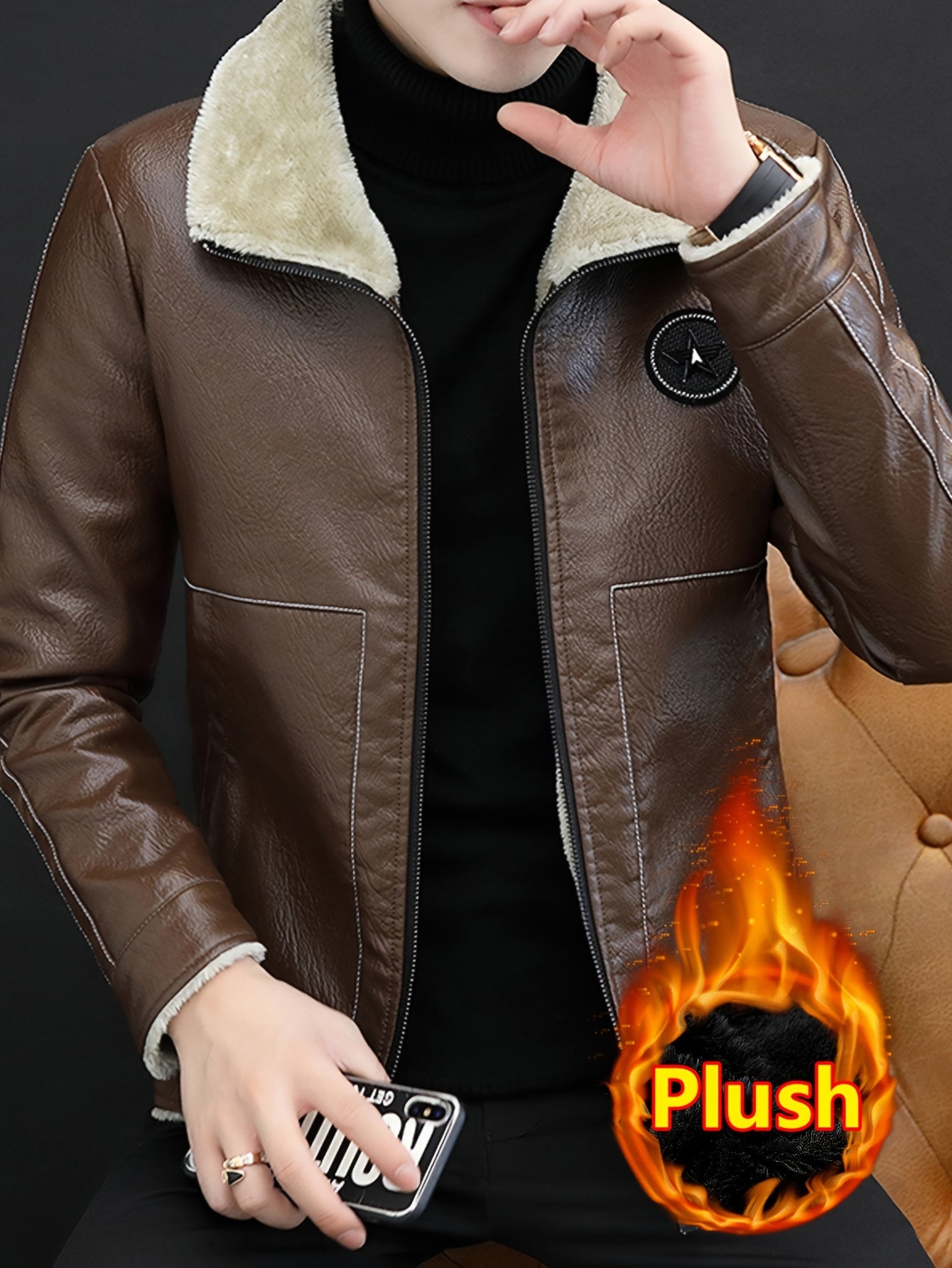 Men'S Faux Leather Jacket, Plush Lined, Zippered Motorcycle Style, Regular Fit, Vintage Look, Polyester Lining, Casual Wear