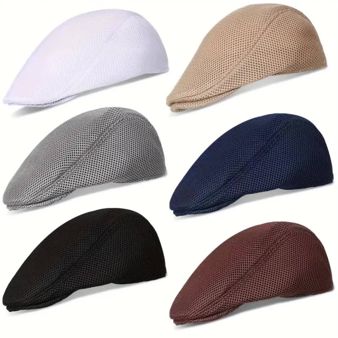 6pcs Men'S Breathable Mesh Flat Caps - Lightweight, Polyester, Round Brim, Ideal for Summer, Sports, and Casual Wear, Sports Cap | Stylish Headgear | Lightweight Cap