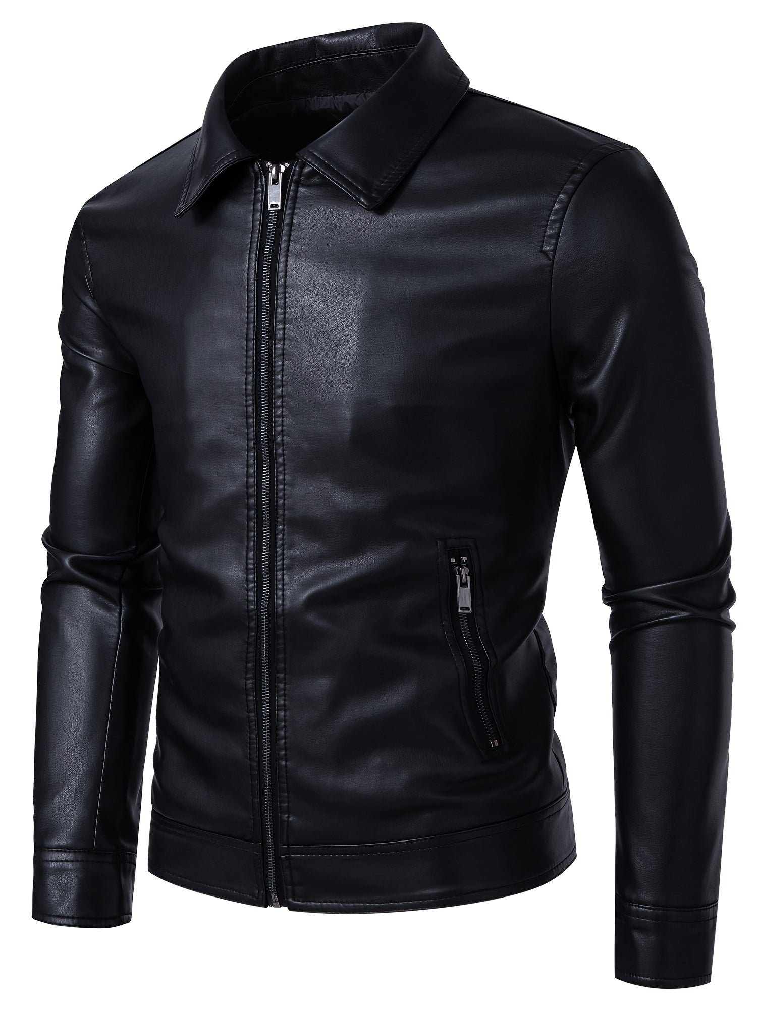Men's Slim-Fit PU Leather Jacket with Stand-Up Collar - Black Softshell Zipper Front Casual Streetwear Coat, High-Quality Polyester Lining for Autumn Winter