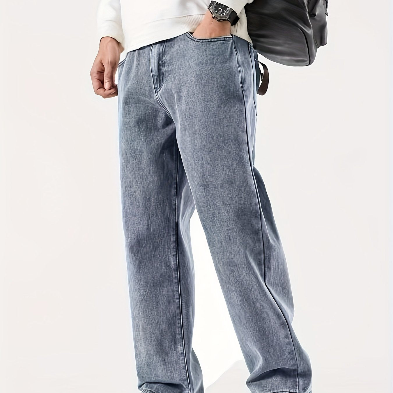 Men'S Casual Denim Jeans, 54% Cotton 32% Polyester 12% Viscose, Solid Color, Regular Fit, Straight Leg, All-Season, Woven Fabric, 290g\u002Fm², with Pockets - Adult