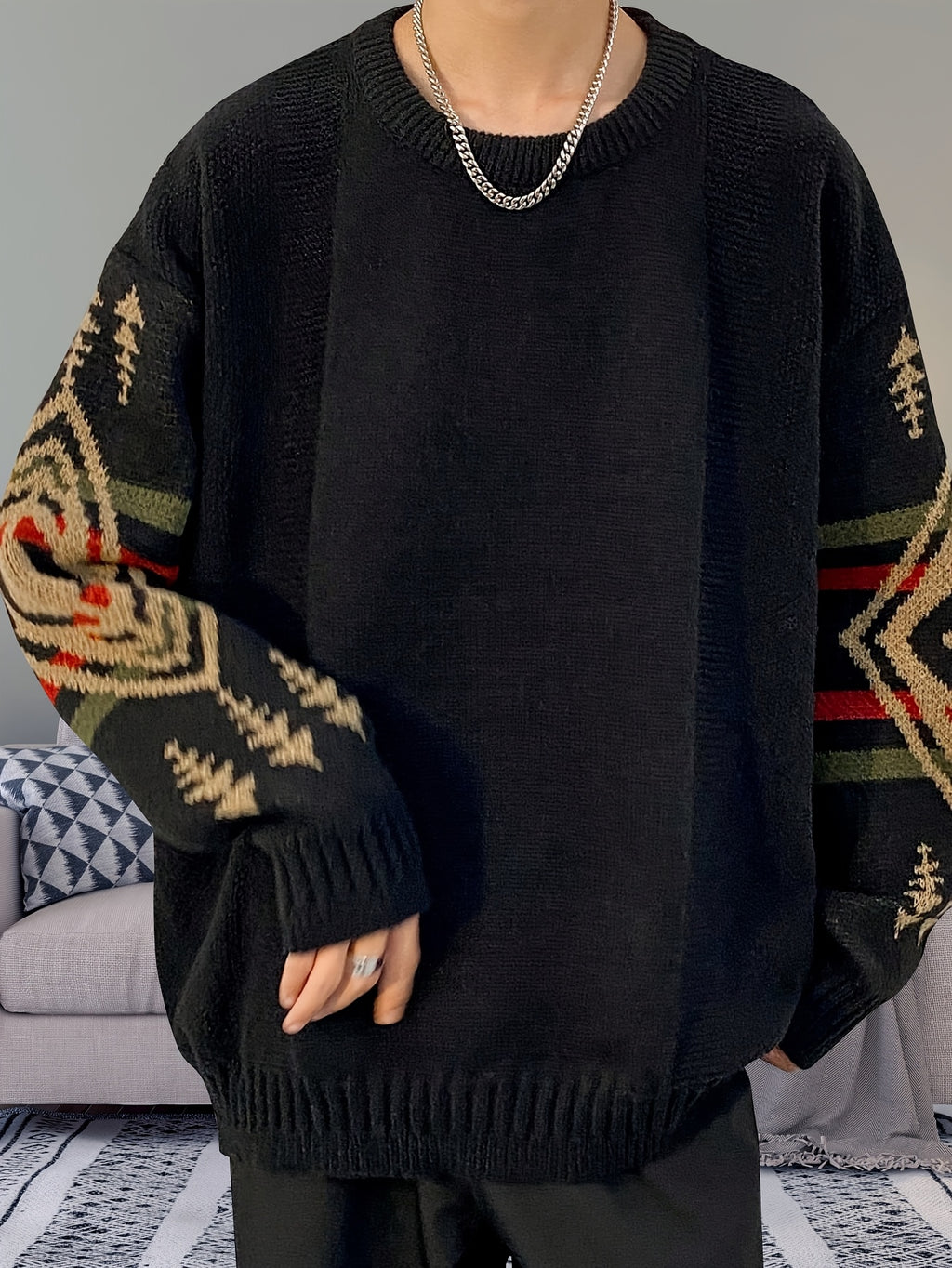 Pull YOUYUCHEN pour Hommes Grande Taille à Motif Géométrique en Tricot - Pull Décontracté Doux et Extensible, Coupe Relâchée avec Col Rond Manches Longues Confort Toutes Saisons, Matière Douce et Confortable, GRANDE TAILLE