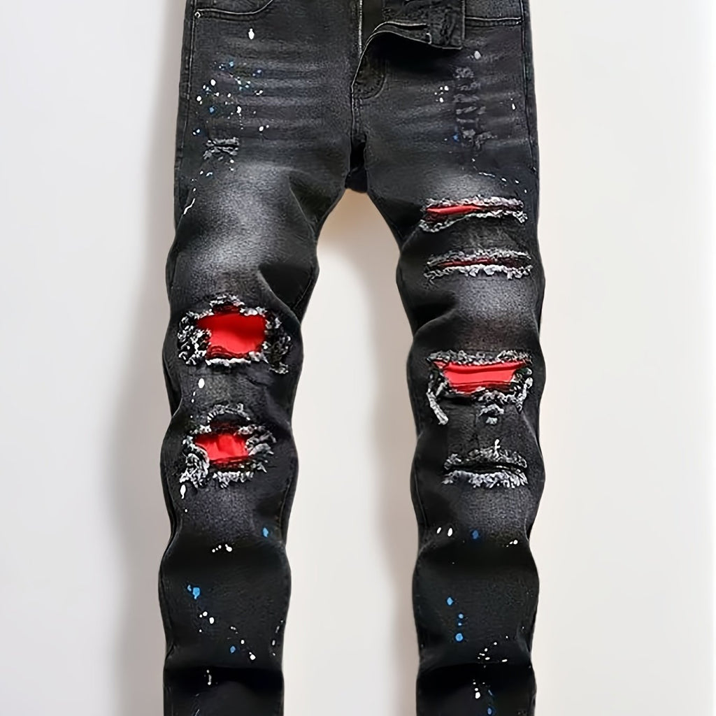 Men'S All-Season Casual Denim Jeans, G12# Black, Geometric-Pattern Washed Fabric, 63.7% Cotton, 34.3% Polyester, 2% Spandex, Regular Fit, Slight Stretch, 422g\u002Fm² Fabric Weight