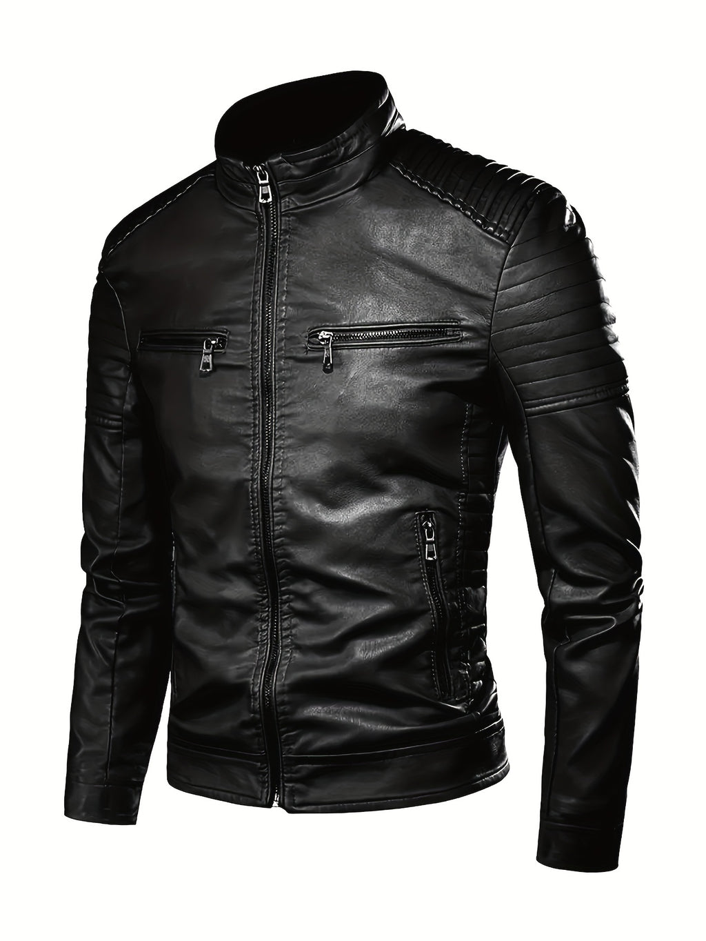 Men'S Punk Style Faux Leather Jacket - Windproof Casual Biker-Inspired Zip-Up with Stand Collar, Full-Zip Front, and Side Pockets for Spring & Fall, Winter Apparel | Stand Collar Jacket | Zipper Closure Jacket