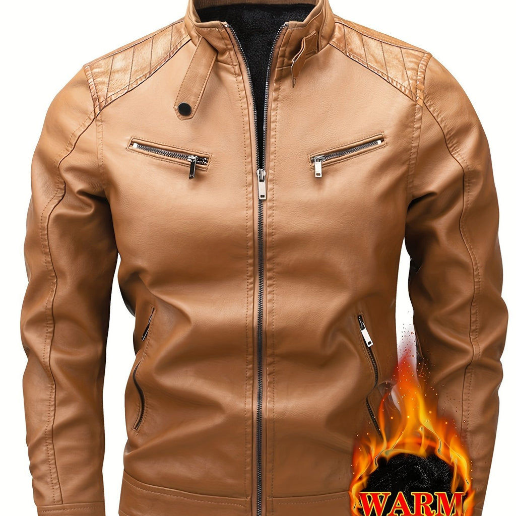 Men's Warm Fleece-Lined Jacket - Trendy Stand Collar Zip-Up Biker Coat for Fall\u002FWinter, Brown, Multiple Pockets, Machine Washable