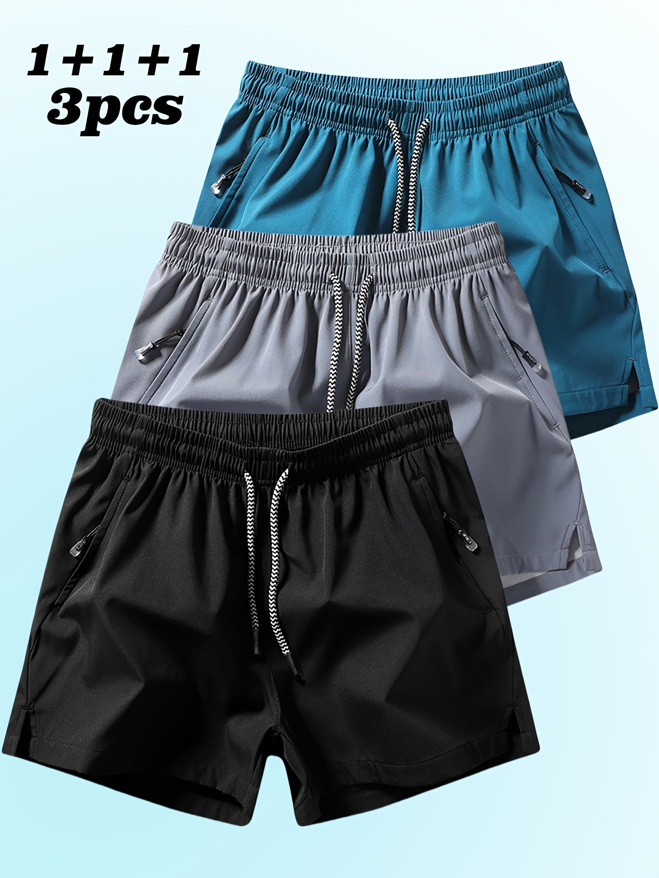 3pcs Men's Casual Athletic Shorts - Breathable, Comfortable, Zippered Pockets, Elastic Waistband, Solid Colors (Blue, Gray, Black) for Fitness, Running & Casual Attire, Running Shorts | Minimalist Shorts | Smooth Texture
