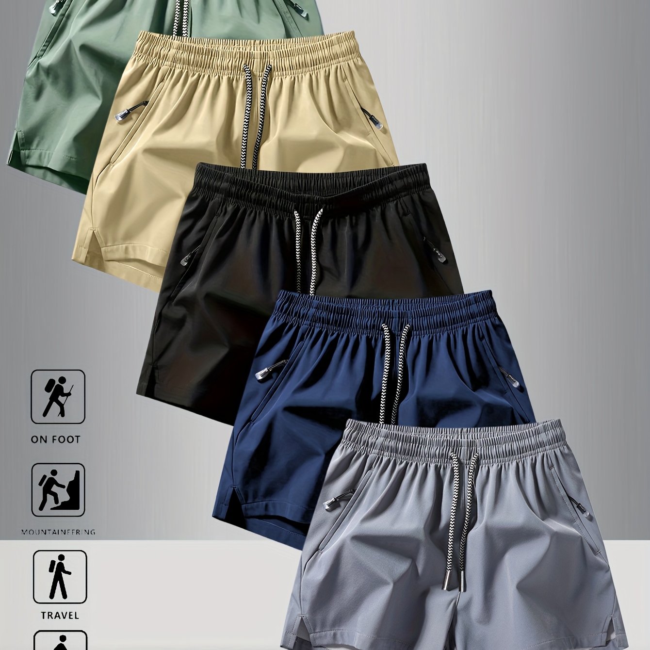 5pcs Men'S Summer Sports Shorts - Breathable, Lightweight, Moisture-Wicking Drawstring Waist, Solid Colors (Green, Red, Purple, Blue, Tan) for Casual, Outdoor, and Athletic Activitie