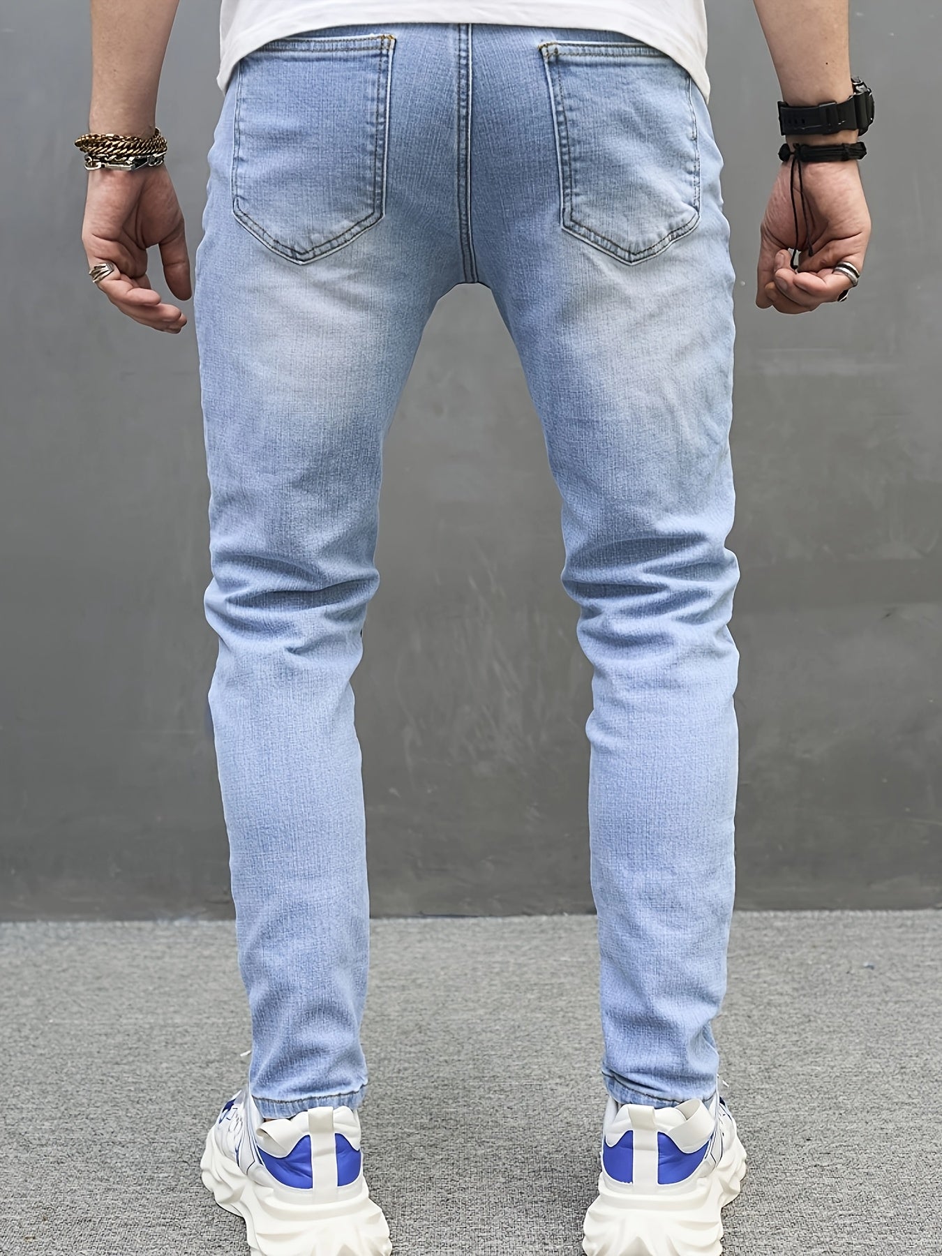 Men'S Slim Fit Stretch Denim Jeans - Light Blue Casual Slimming Pants, Raw Wash Solid Color, Mid-Rise, All-Season Wear, Comfortable & Stylish for Casual Attire