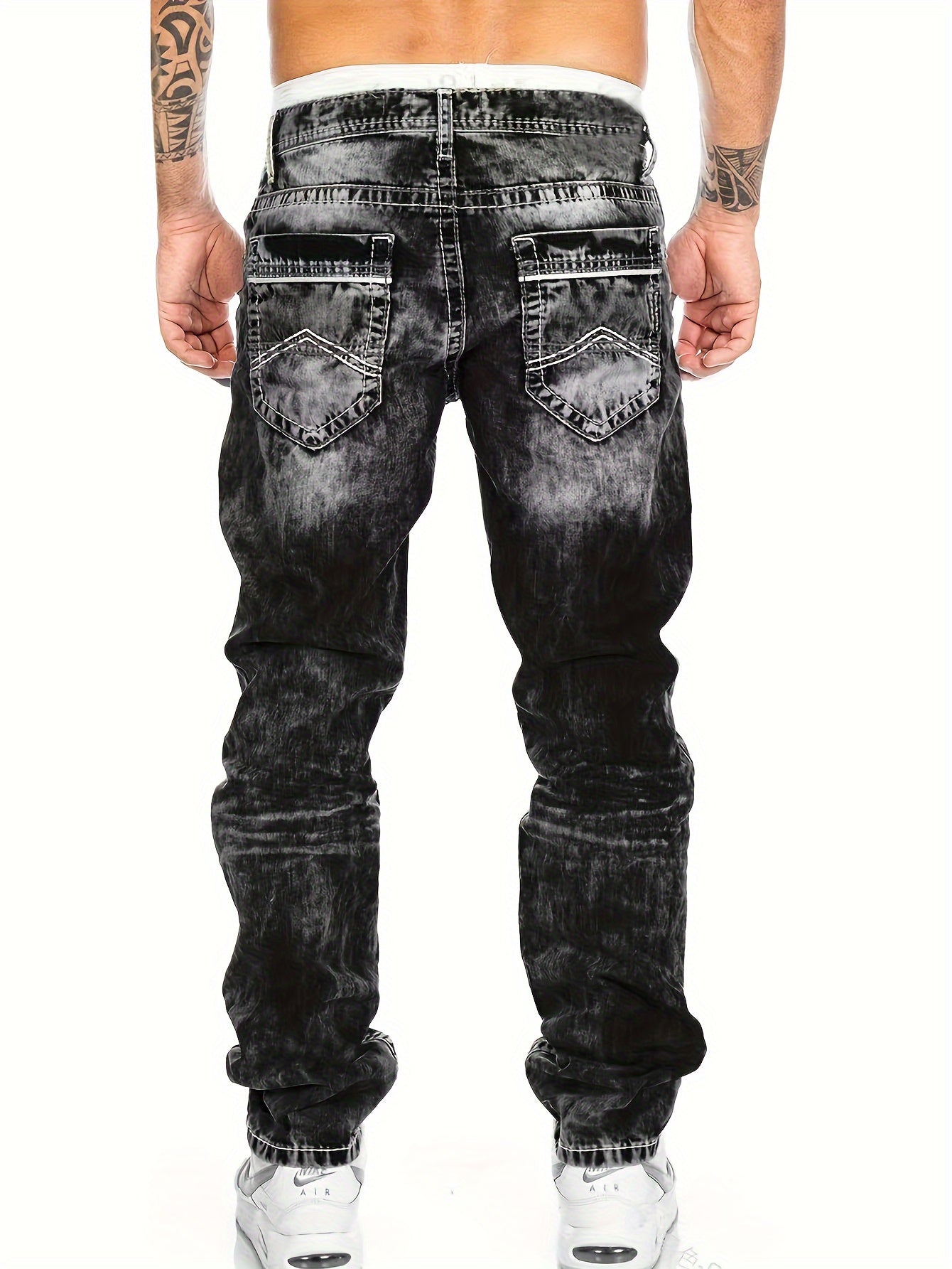 Men's Slim-Fit Straight-Leg Distressed American Snowflake Jeans - Streetwear Style Blue Denim Pants with Vintage Wash, All-Season Casual Wear, Everyday Fashion | Durable Fabric