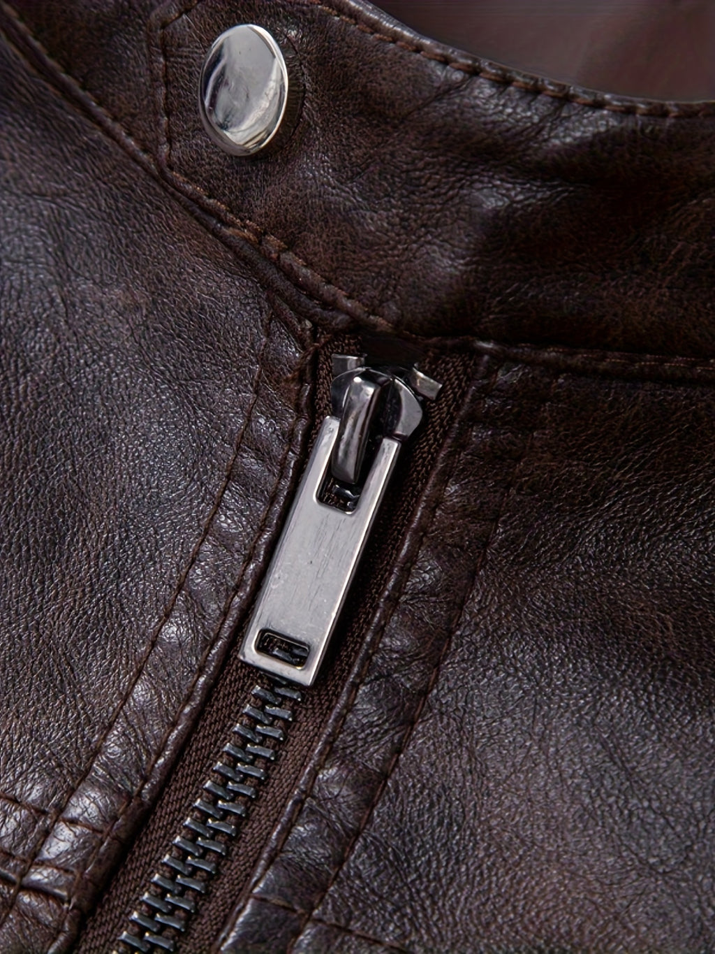 Men'S Casual Stand Collar Zipper Faux Leather Jacket, Fashion Motorcycle Style, Suitable for Street Outdoor And Riding Wear