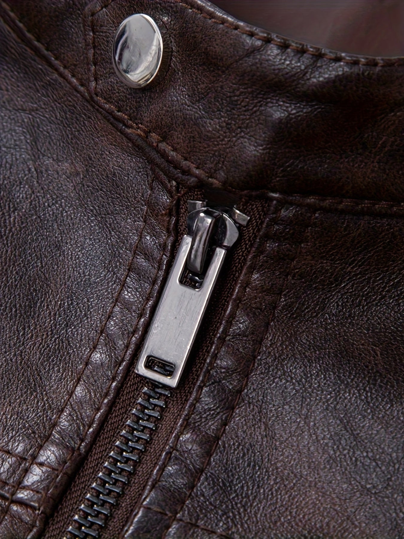 Men'S Casual Stand Collar Zipper Faux Leather Jacket, Fashion Motorcycle Style, Suitable for Street Outdoor And Riding Wear