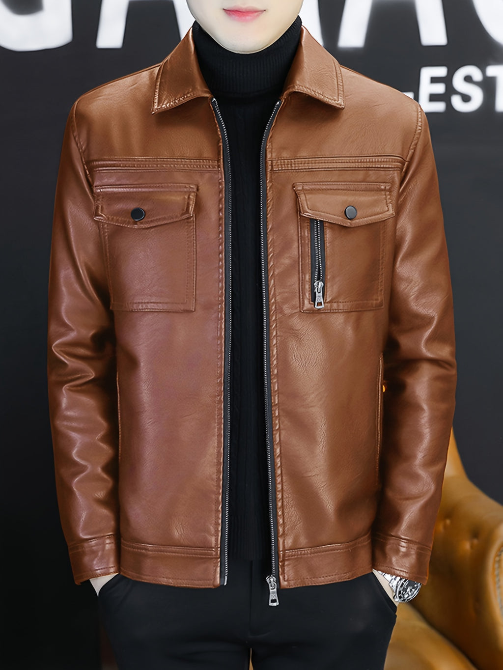 Men'S Casual Jacket, Solid Color, Long Sleeve, Regular Fit, Zipper Closure, Polyester Lining, 91% Polyester, 9% Viscose, 100%, Lapel Collar, Woven Fabric, Daily Wear, Thick