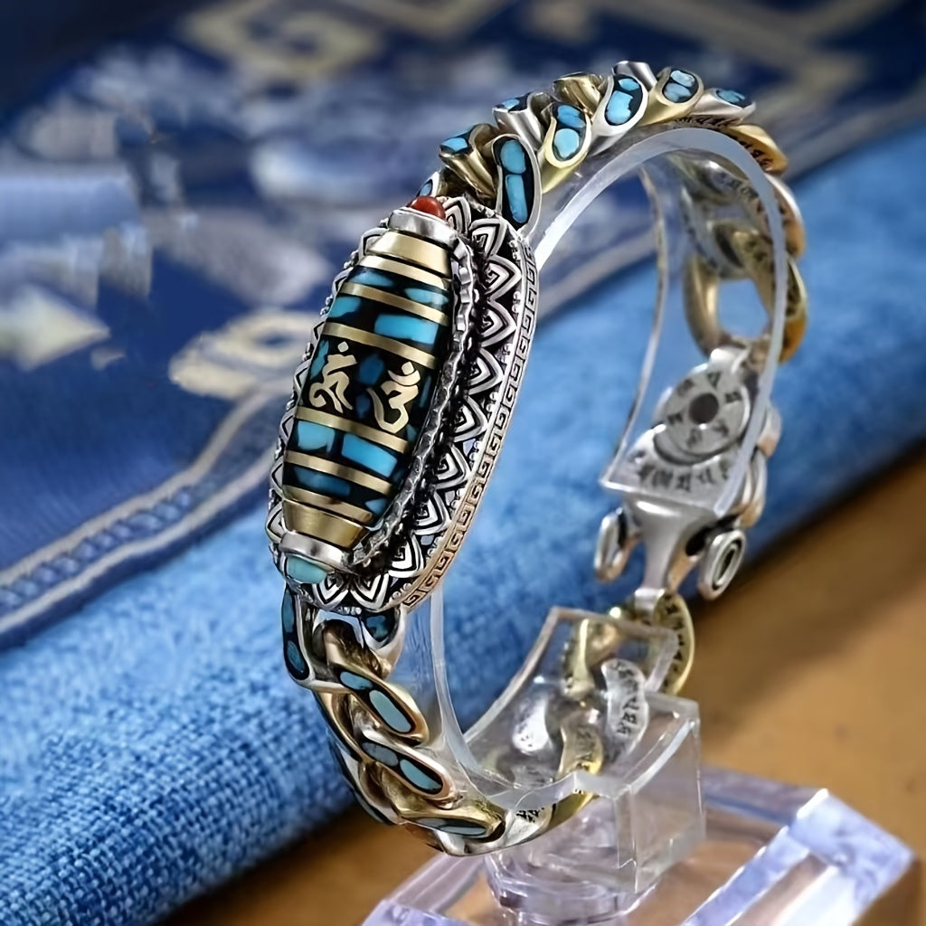 2pcs Six-Character Mantra Nine-Eye Dzi Bracelet Ring, Men'S Fortune, Gift