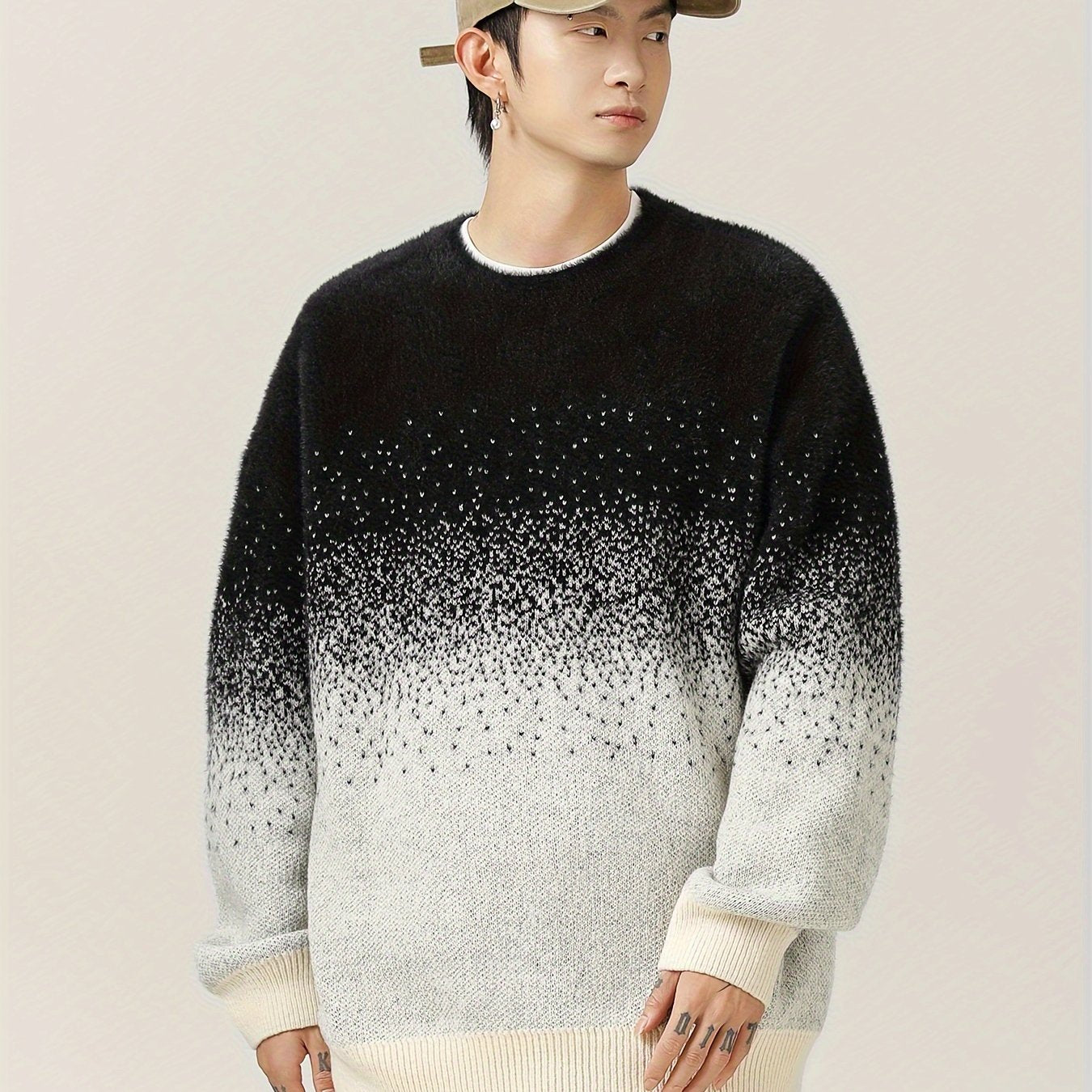 Pull à col rond dégradé casual pour homme - Tissu tricoté 100% polyester avec légère élasticité, modèle décontracté pour l'automne\u002Fhiver - Chaleureux style de rue japonais gradient