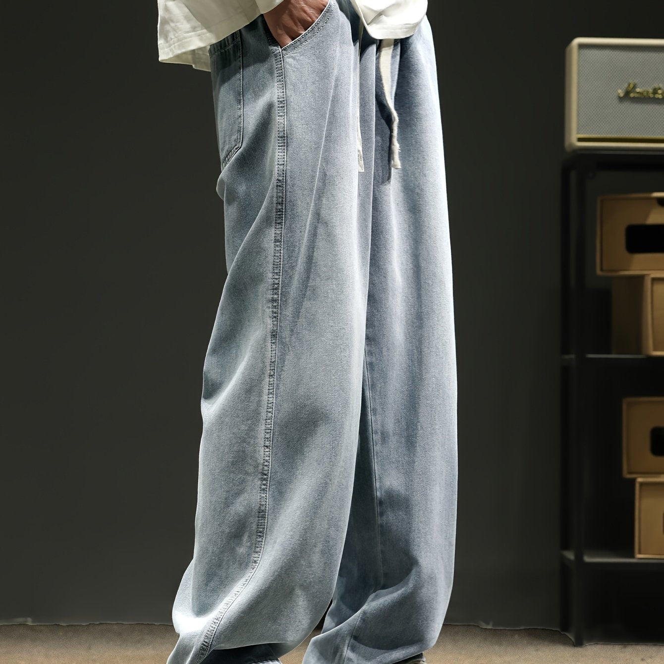 Men's Relaxed Fit Straight-Leg Jeans with Elastic Waistband - Casual & Trendy Denim Pants for All Seasons, Black Cotton Blend, Adjustable Drawstrings, Loose Fit for Casual Attire