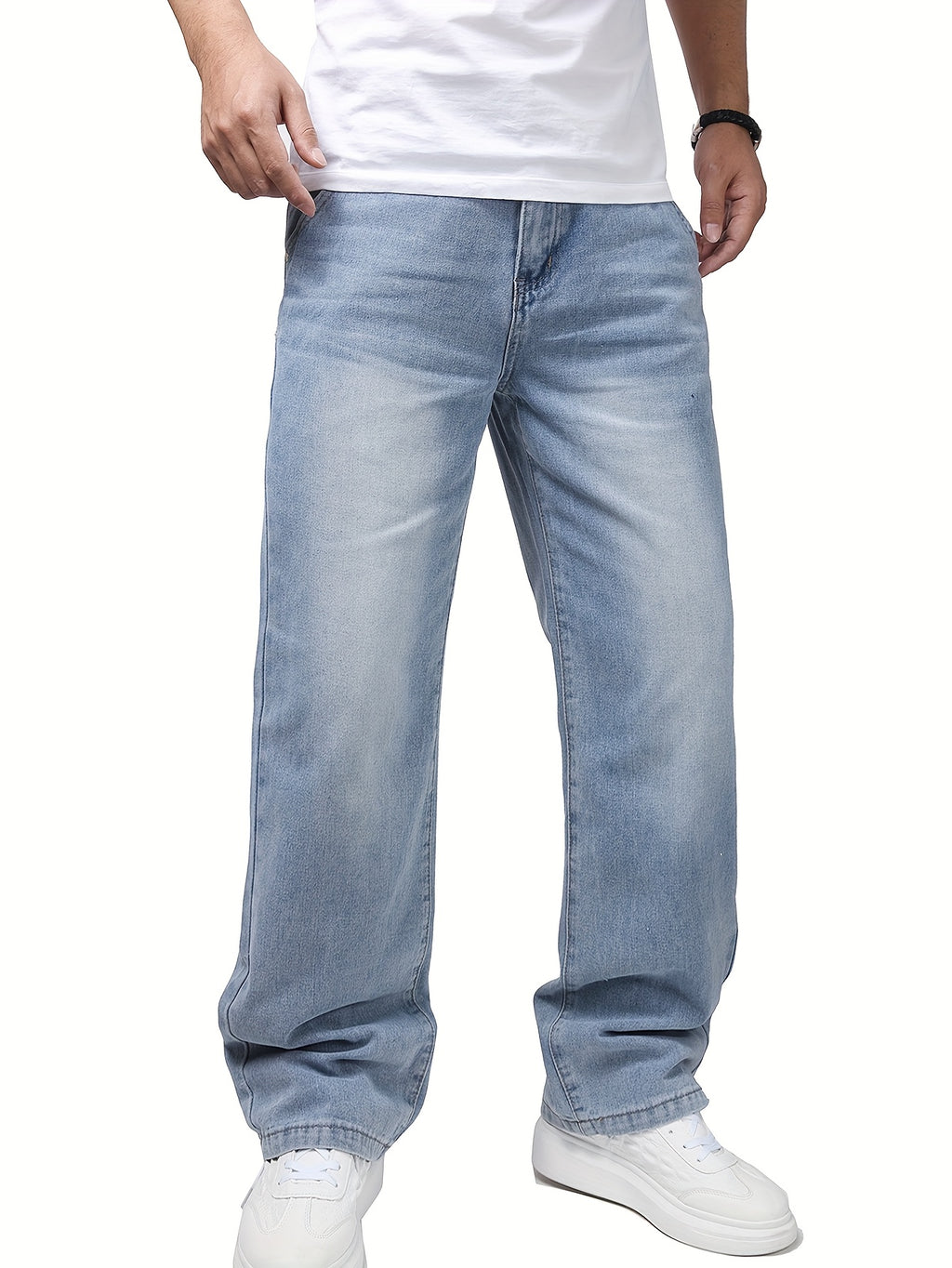 Men'S Casual Straight-Leg Jeans - Mid-Rise, Non-Stretch Denim, Machine Washable, Smooth Fabric, All-Season Comfort, Classic Blue Washed Design for Casual Attire, Comfortable Fashion, Fashionforward Jeans, Durable Fabric