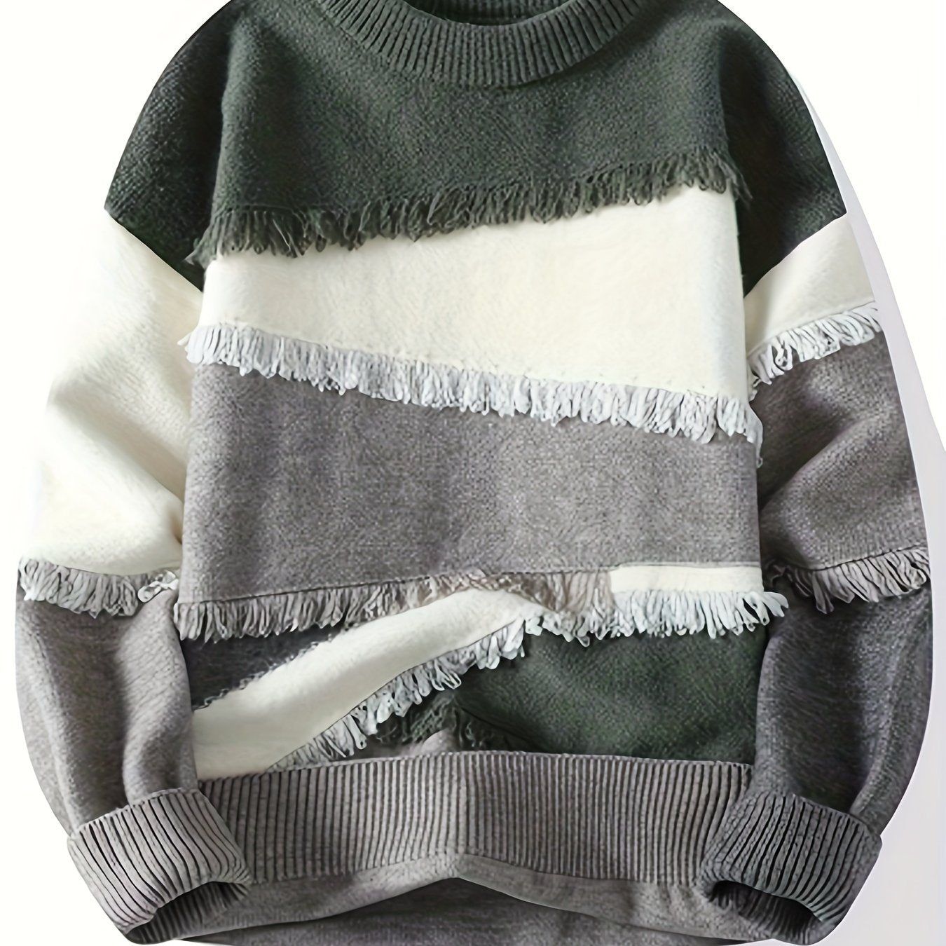 Pullover tricoté effiloché à blocs de couleurs pour hommes, pull décontracté à col rond à manches longues et haute élasticité pour l'automne et l'hiver