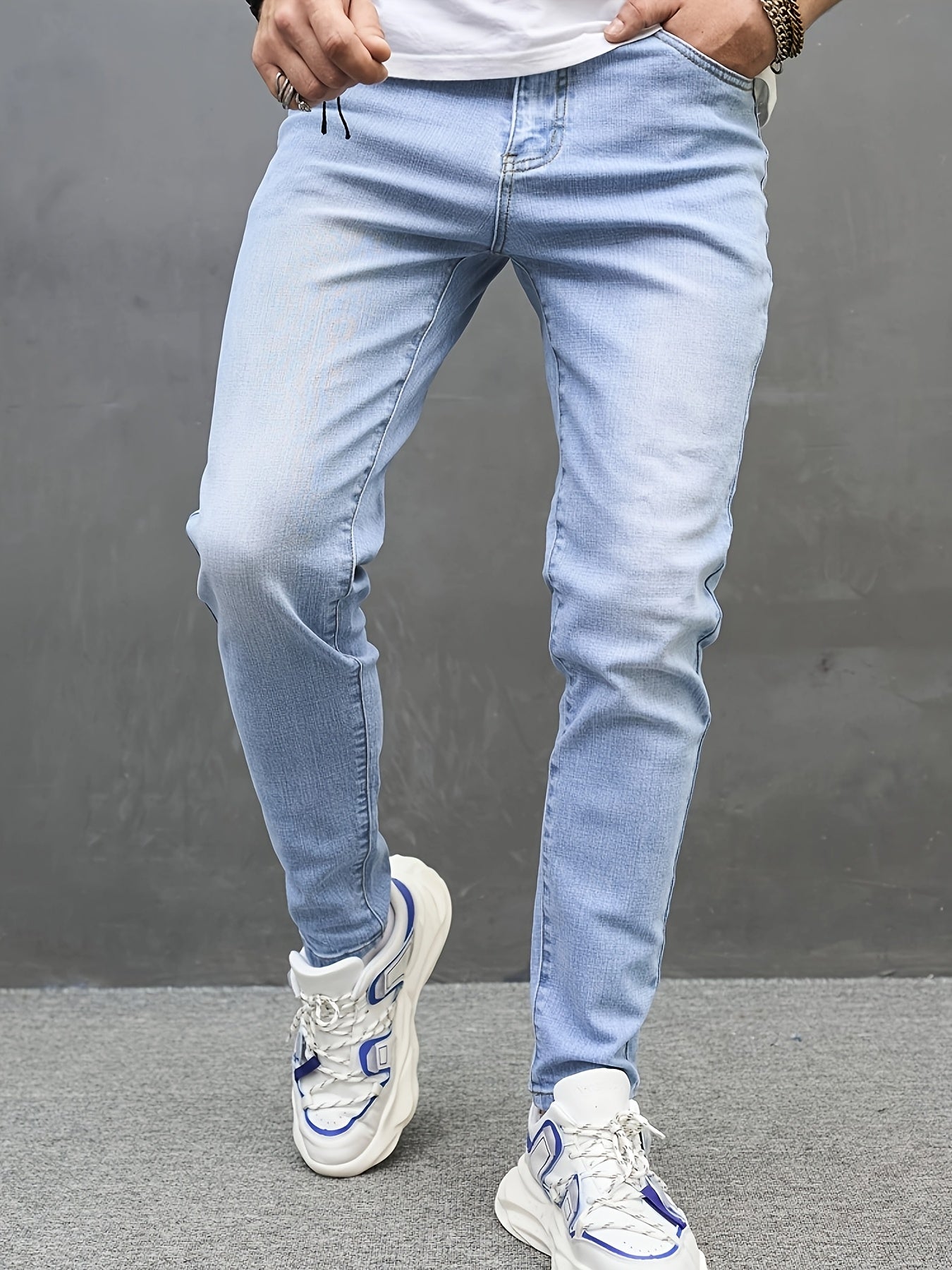 Men'S Slim Fit Stretch Denim Jeans - Light Blue Casual Slimming Pants, Raw Wash Solid Color, Mid-Rise, All-Season Wear, Comfortable & Stylish for Casual Attire