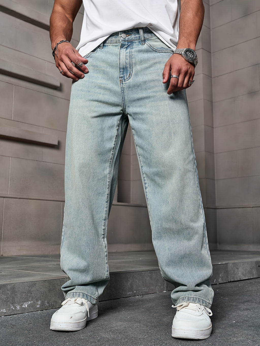 Men'S Fashion Straight Leg Jeans - Light Wash Denim, Non-Stretch Fabric, Regular Fit for All Seasons, Casual Street Style, Classic Whisker Design, Weekend Casual Wear | Classic Straight Leg | Washed Deni