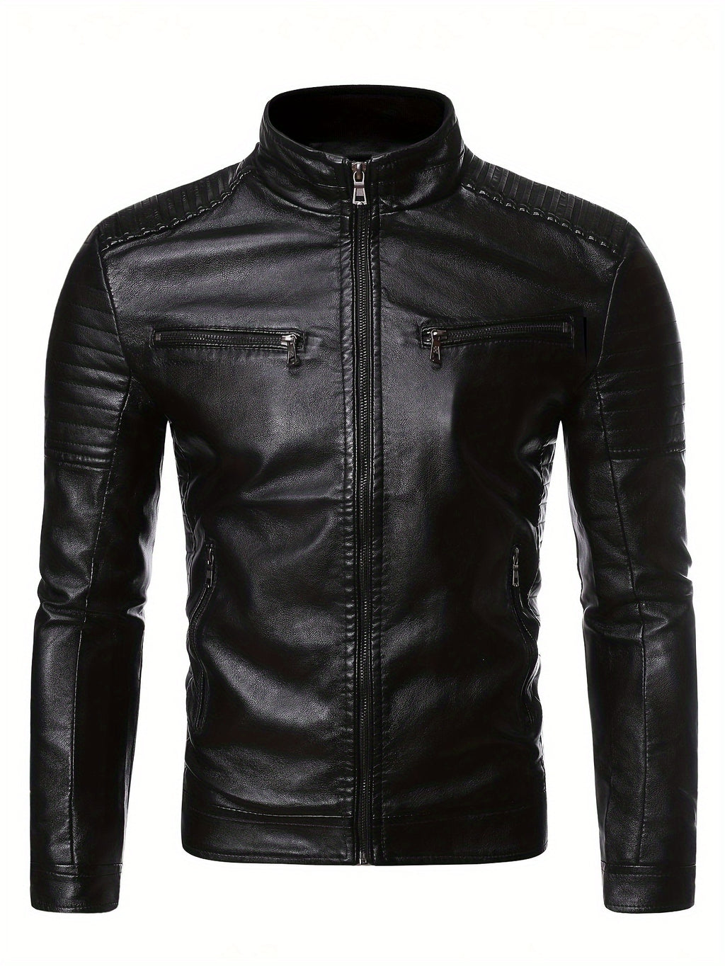 Men'S Punk Style Faux Leather Jacket - Windproof Casual Biker-Inspired Zip-Up with Stand Collar, Full-Zip Front, and Side Pockets for Spring & Fall, Winter Apparel | Stand Collar Jacket | Zipper Closure Jacket