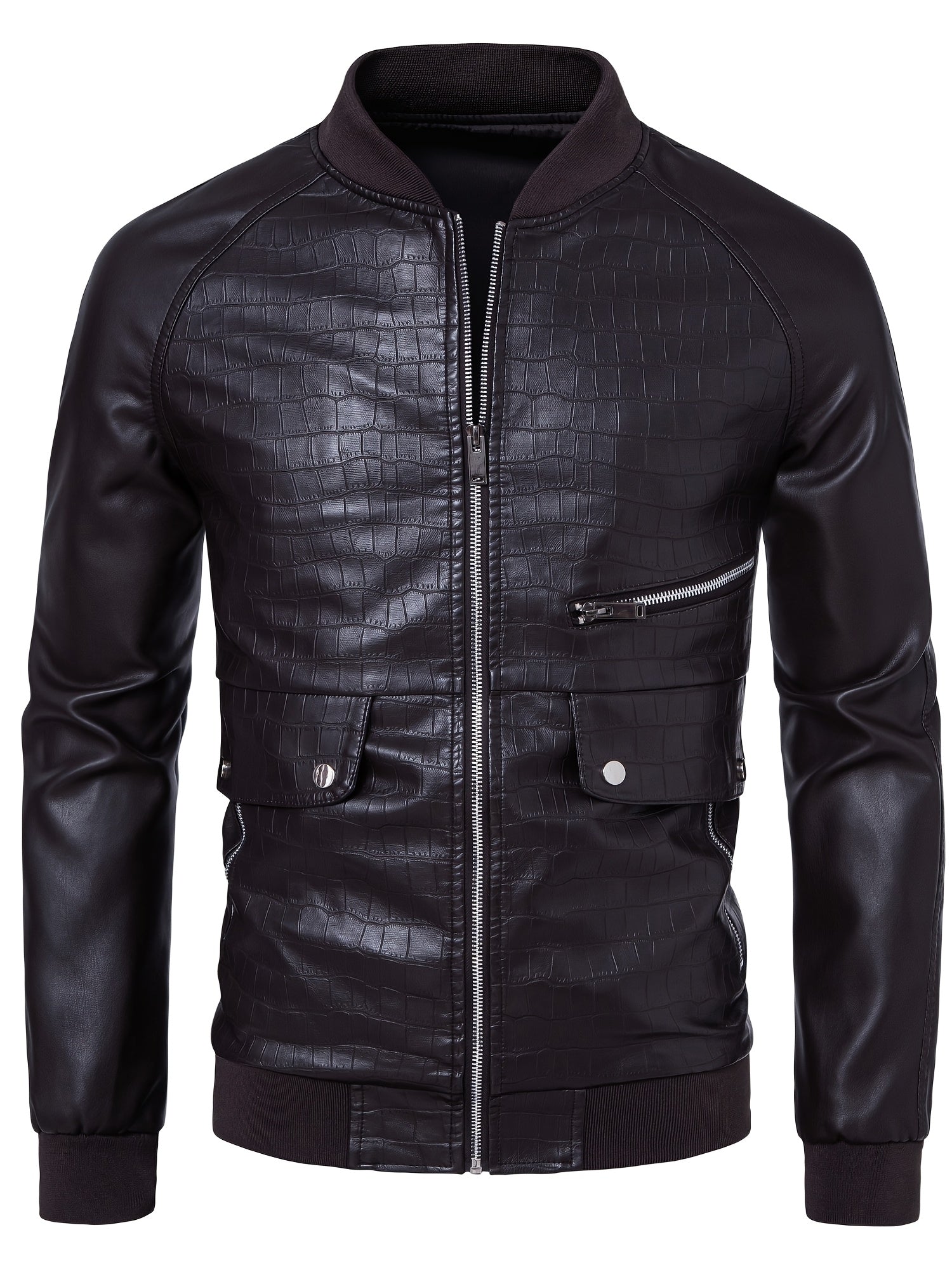 Men's Stylish Black PU Leather Jacket with Zipper Design, Baseball Collar & Crocodile Texture - Perfect for Casual Outings & Outdoor Adventures