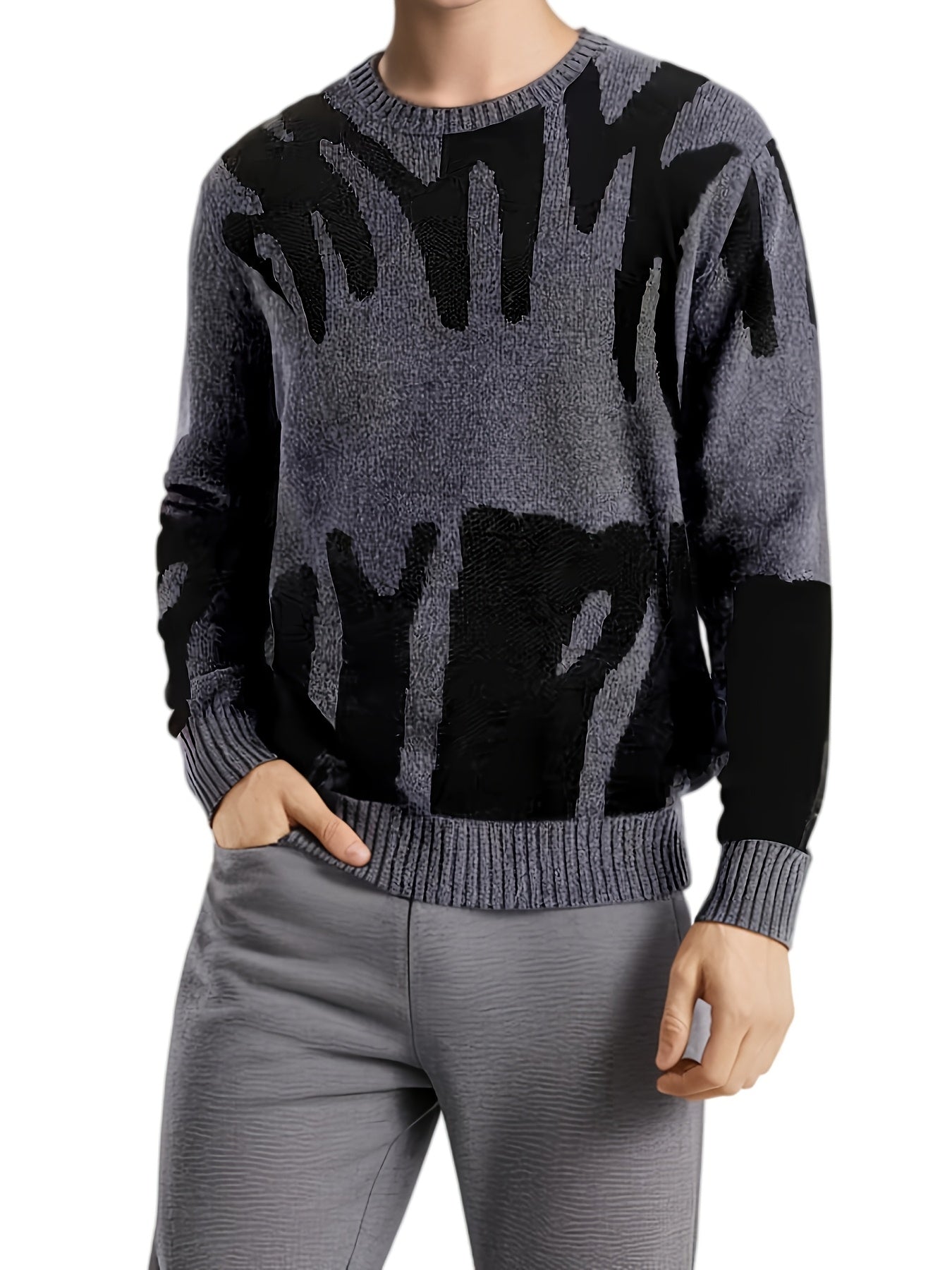 Pull décontracté à col rond pour homme, motif géométrique en tricot, 100 % polyester, légèrement extensible, coupe standard pour l'automne\u002Fhiver, épais