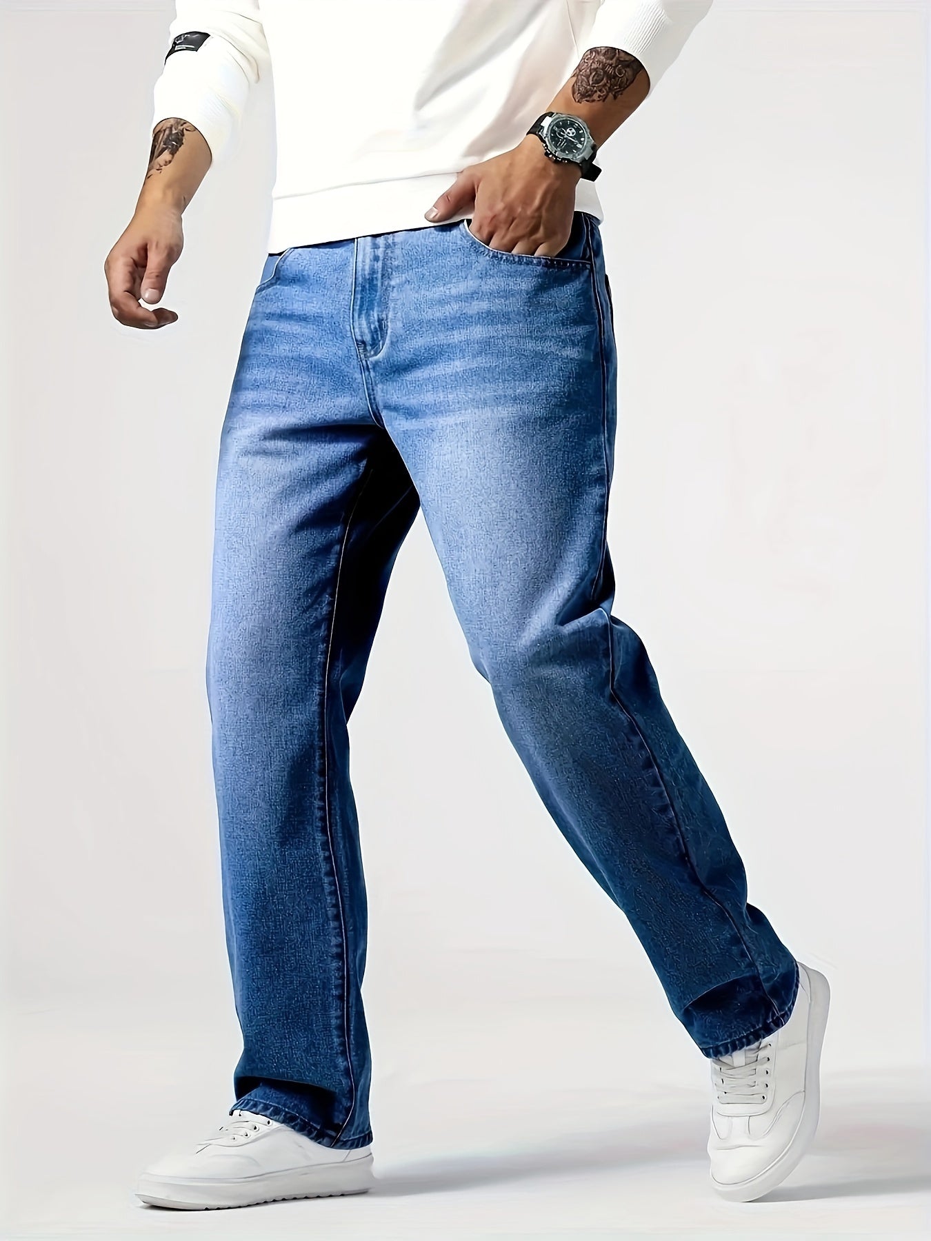 Men's Slim Fit Washed Jeans - Street Style, Cotton Blend, Machine Washable, Mid-Rise with Zip Closure