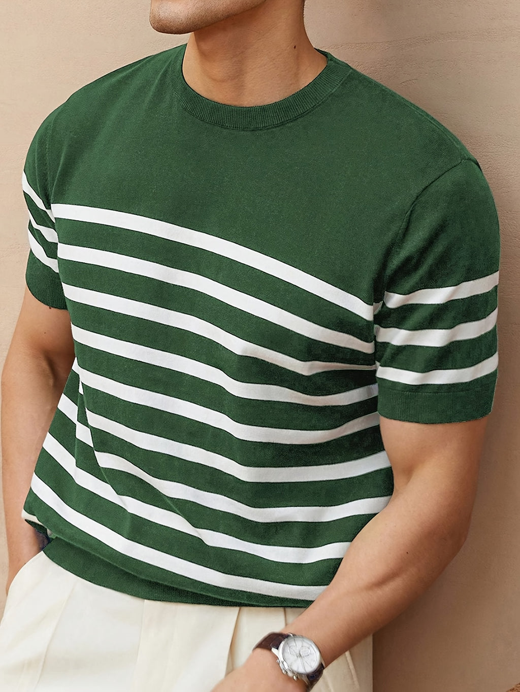 Pull homme à rayures - Manches courtes décontracté, col rond, rayures horizontales noir et blanc, tissu léger et respirant, coupe régulière pour printemps-été, tricot élastique