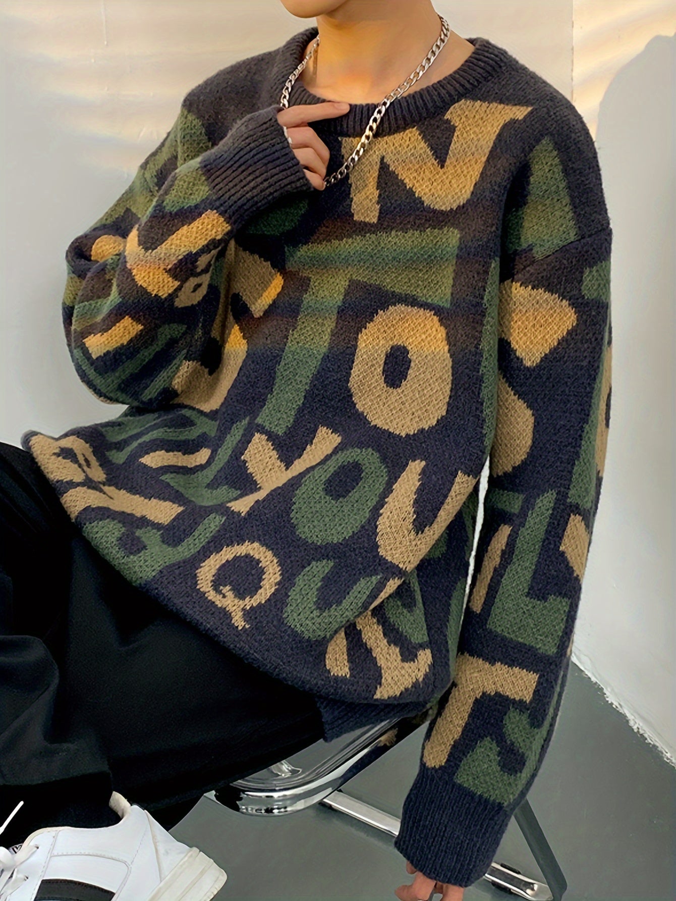 Pull en tricot à lettres imprimées pour hommes de grande taille, tendance printemps automne K-pop