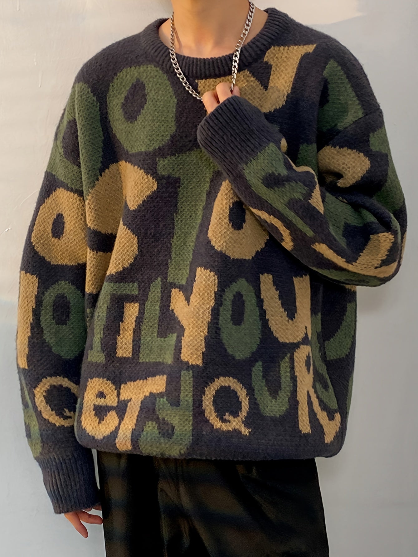 Pull en tricot à lettres imprimées pour hommes de grande taille, tendance printemps automne K-pop