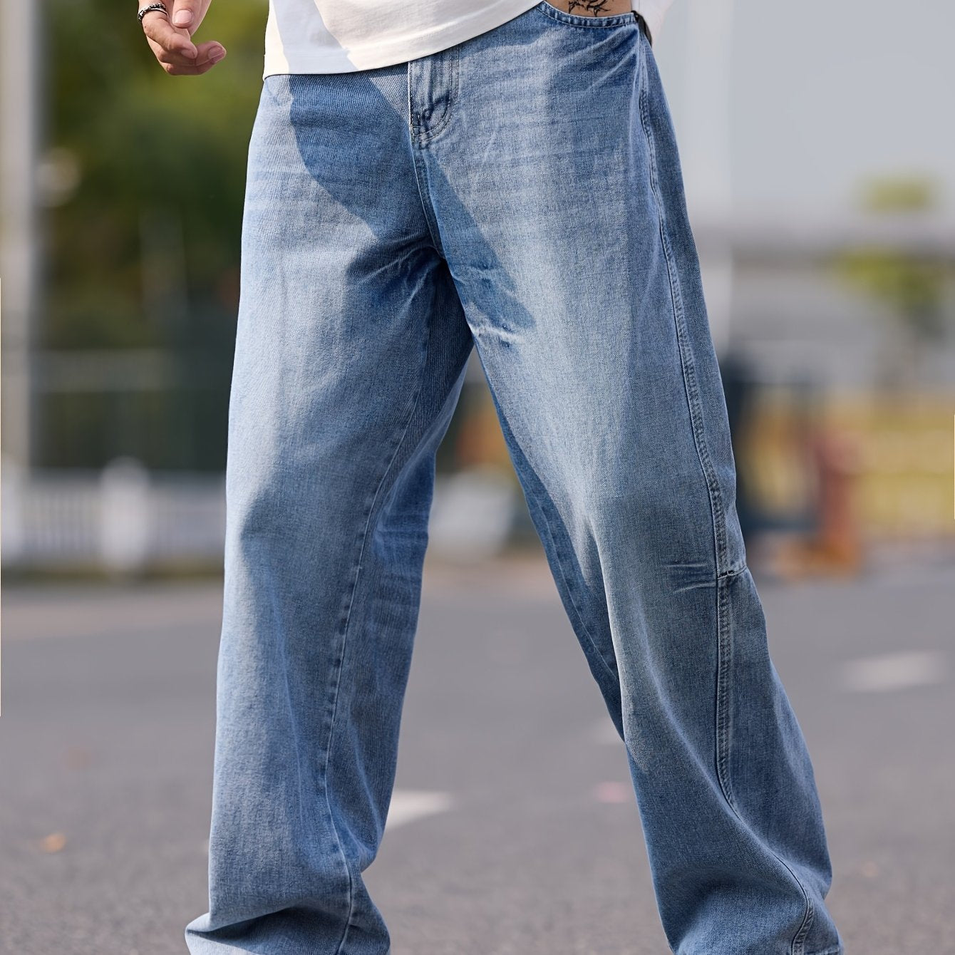 American High Street Deconstructed Stitching Design Loose Jeans, Vintage Wash Wide Leg Pants, Suitable for Men and Women (Without Belt\u002FWithout Accessories)