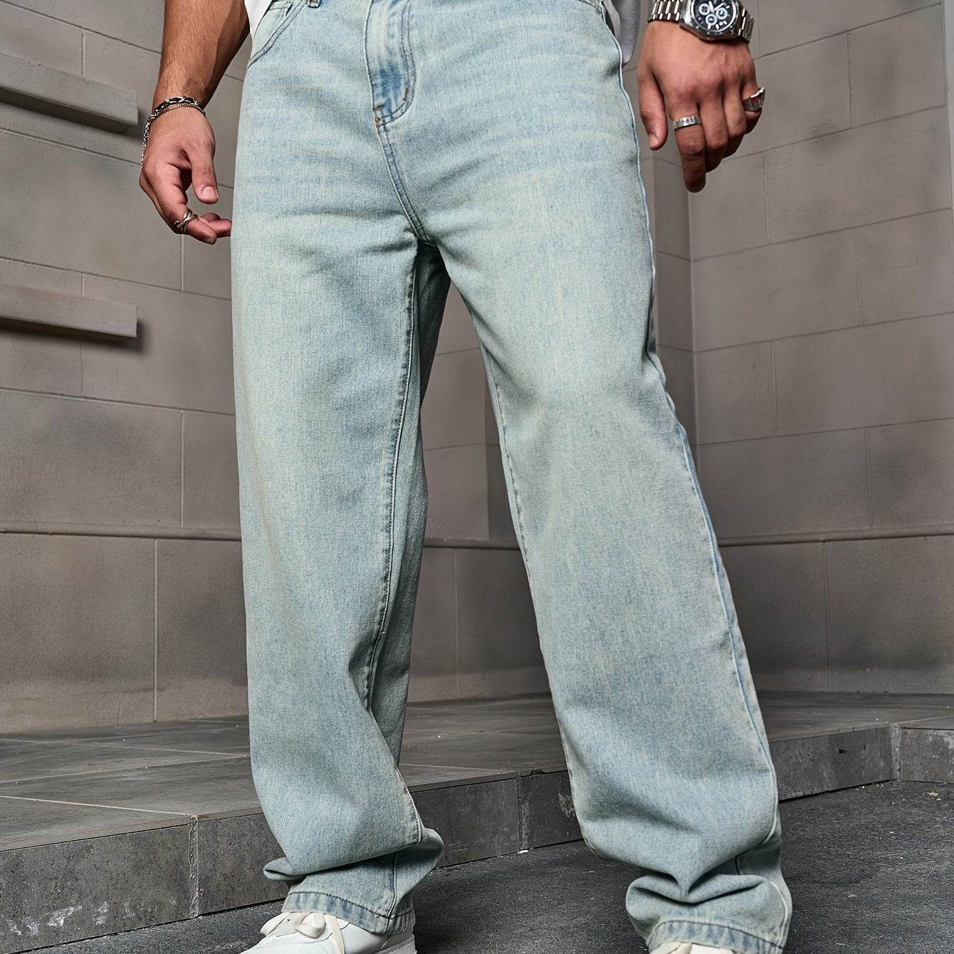 Men'S Fashion Straight Leg Jeans - Light Wash Denim, Non-Stretch Fabric, Regular Fit for All Seasons, Casual Street Style, Classic Whisker Design, Weekend Casual Wear | Classic Straight Leg | Washed Deni