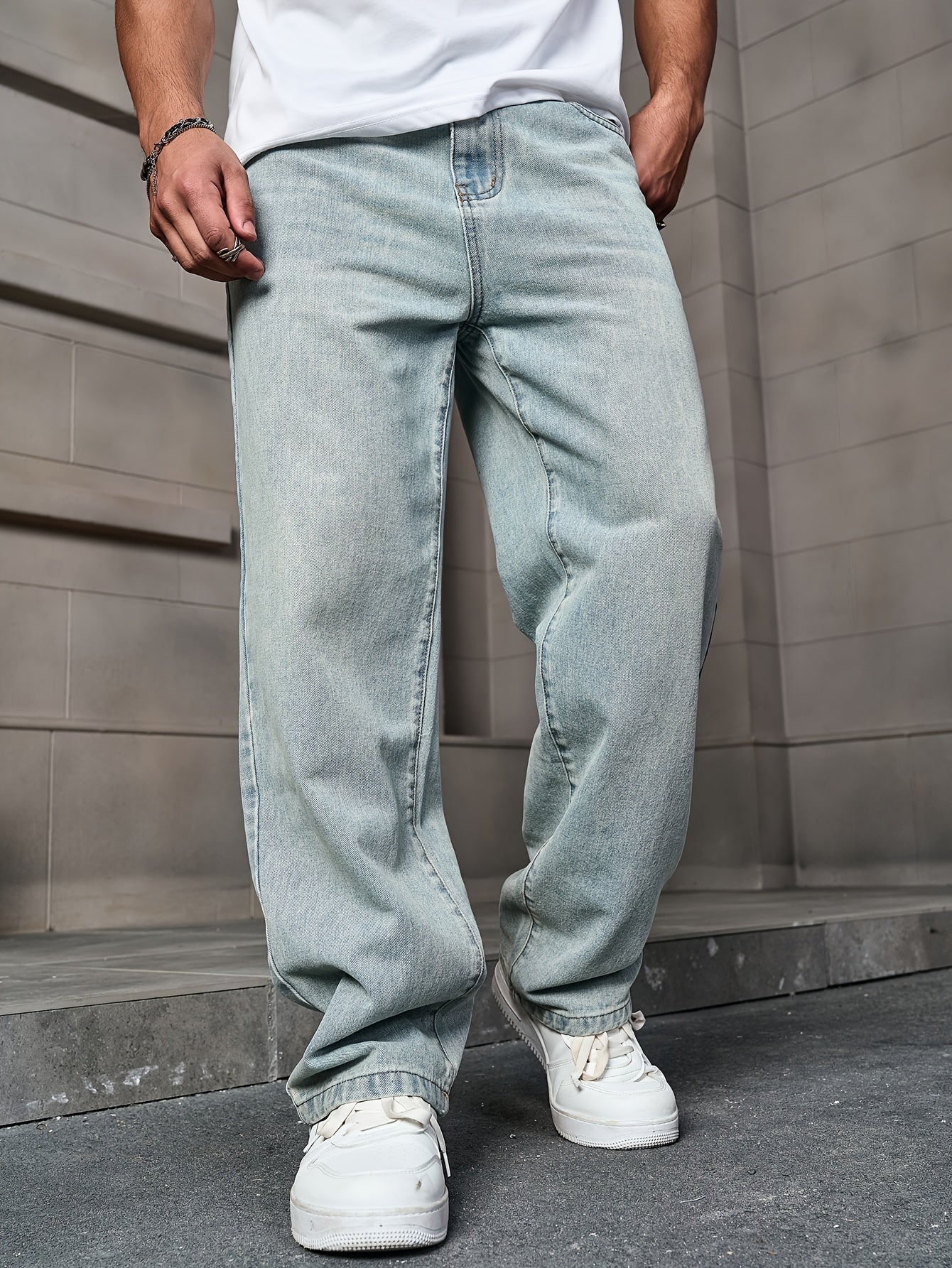 Men'S Fashion Straight Leg Jeans - Light Wash Denim, Non-Stretch Fabric, Regular Fit for All Seasons, Casual Street Style, Classic Whisker Design, Weekend Casual Wear | Classic Straight Leg | Washed Deni