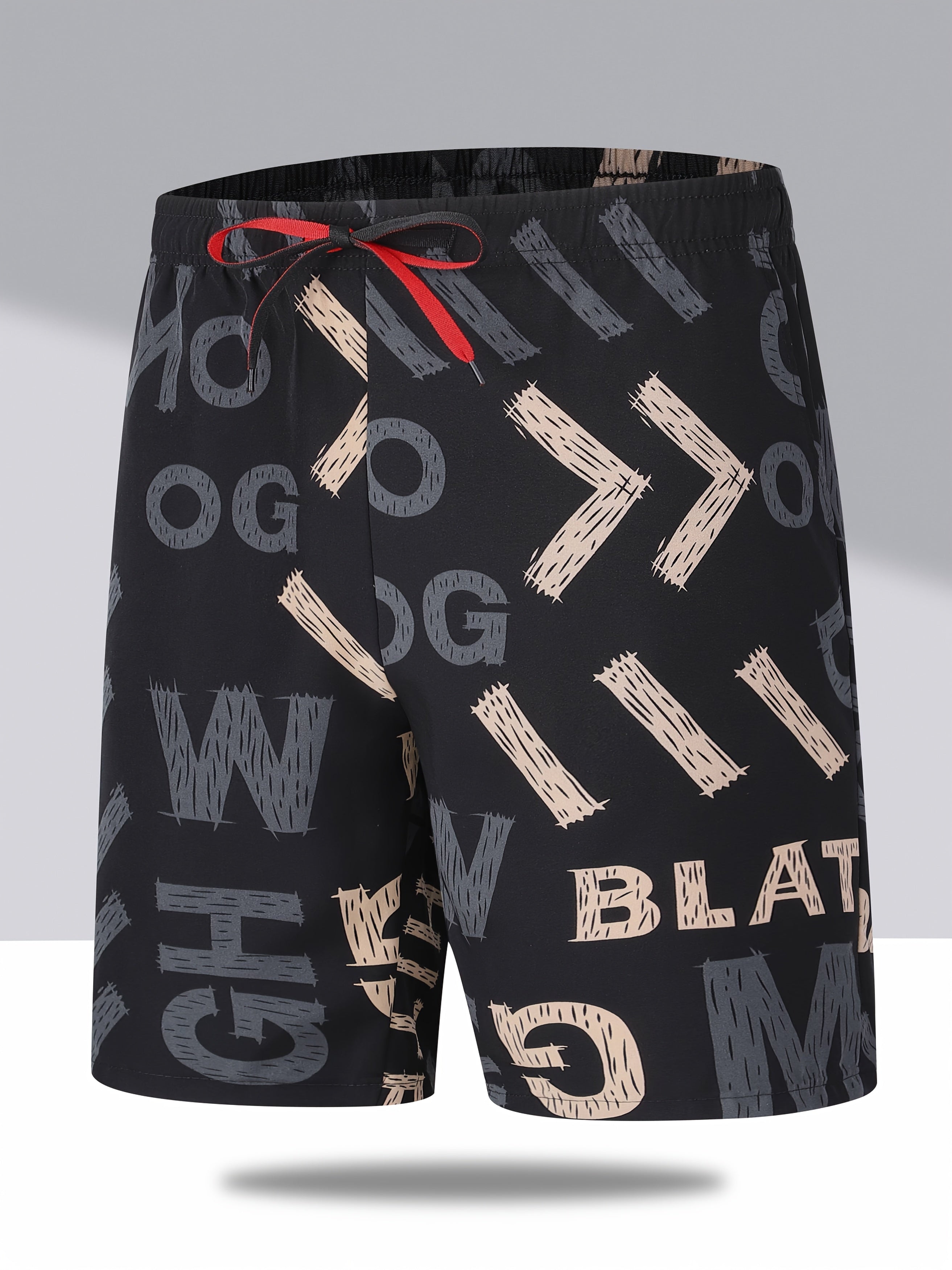 Men'S Quick-Dry Athletic Shorts - Breathable, Stretchy Polyester & Spandex Blend, Letter Print Pattern, Casual Loose Fit for Beach, Running, Cycling, Hiking, Swimming | Woven Fabric, 115g\u002Fm², Spring\u002FSummer\u002FFall