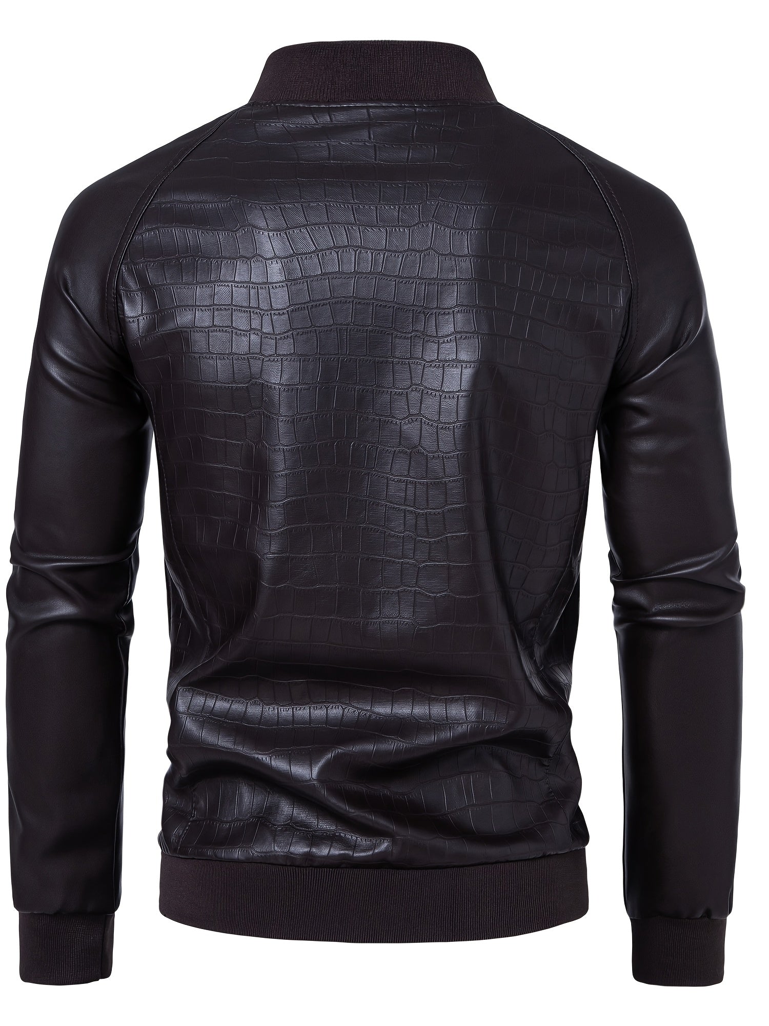 Men's Stylish Black PU Leather Jacket with Zipper Design, Baseball Collar & Crocodile Texture - Perfect for Casual Outings & Outdoor Adventures