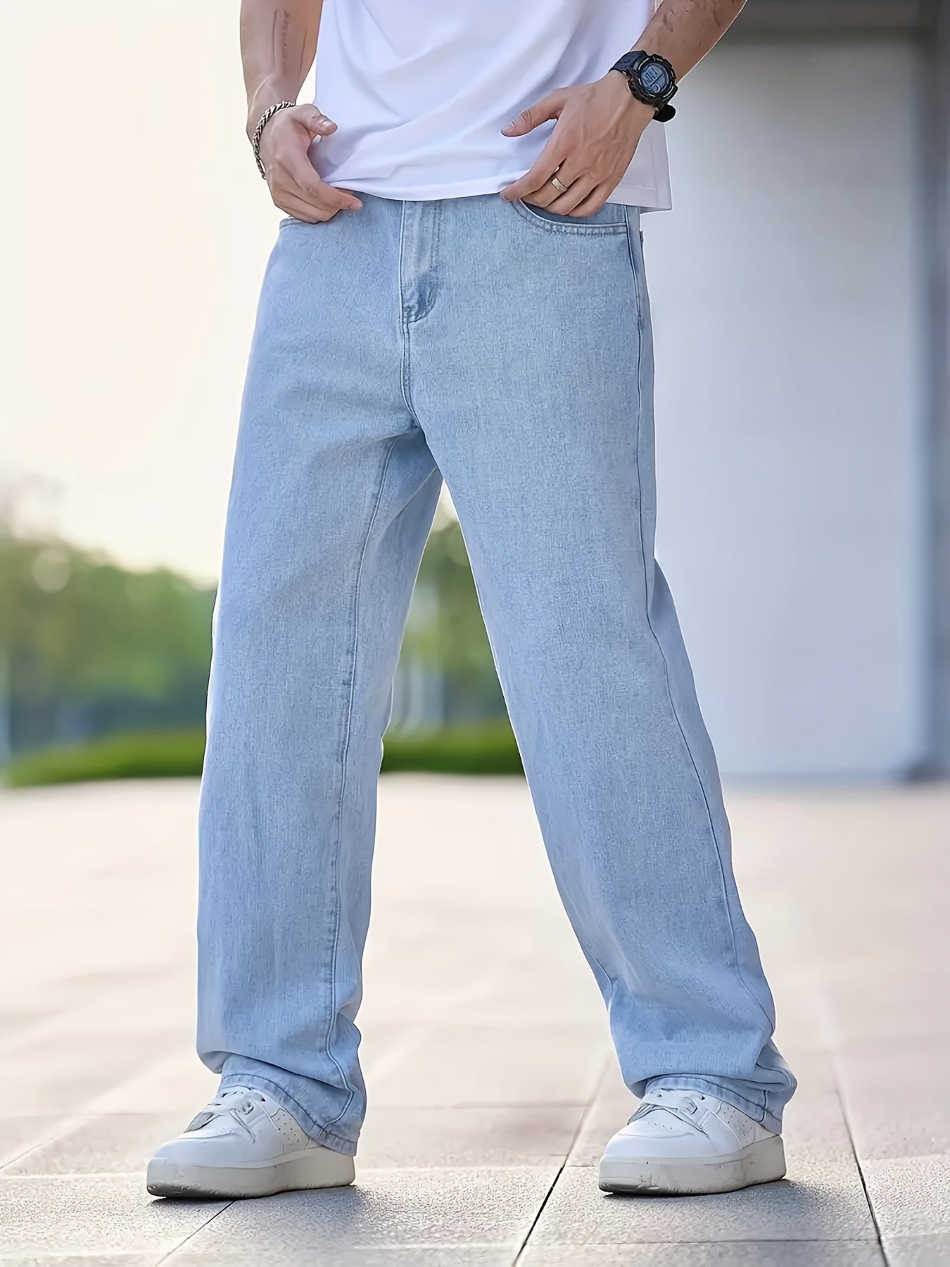 Men's Loose Fit Hip Hop Jeans - Casual Street Style Denim with Elastic Waistband, Light Blue Smooth Skateboard Pants for All Seasons, Comfortable and Stylish for Casual Attire, Allseasons Apparel | Nonstretch Fabric