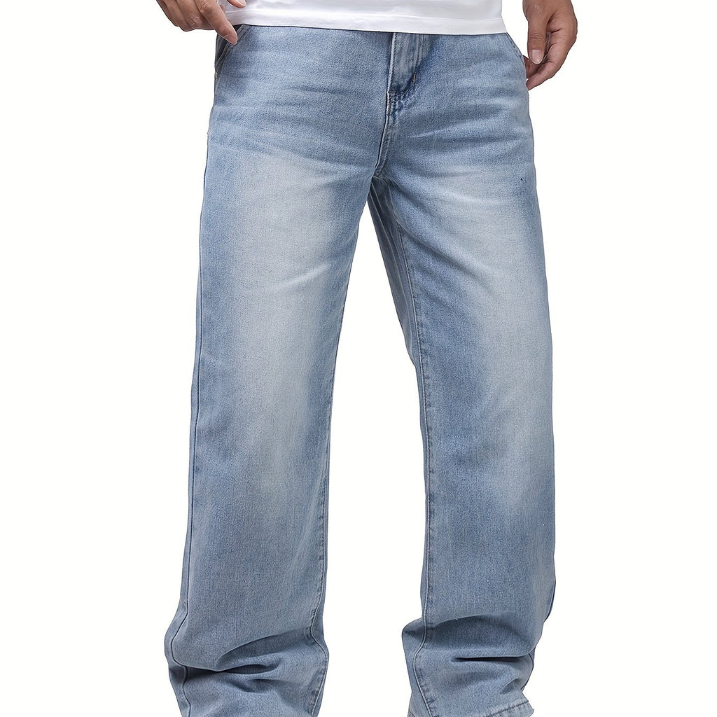 Men'S Casual Straight-Leg Jeans - Mid-Rise, Non-Stretch Denim, Machine Washable, Smooth Fabric, All-Season Comfort, Classic Blue Washed Design for Casual Attire, Comfortable Fashion, Fashionforward Jeans, Durable Fabric