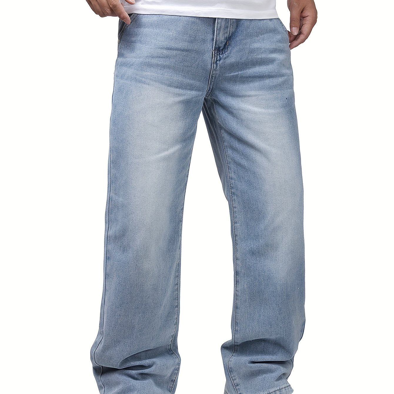Men'S Casual Straight-Leg Jeans - Mid-Rise, Non-Stretch Denim, Machine Washable, Smooth Fabric, All-Season Comfort, Classic Blue Washed Design for Casual Attire, Comfortable Fashion, Fashionforward Jeans, Durable Fabric